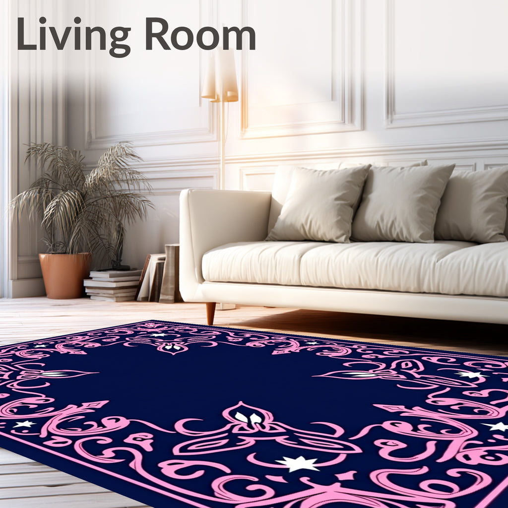 Navy Pink Symmetrical Floral Vines Rug