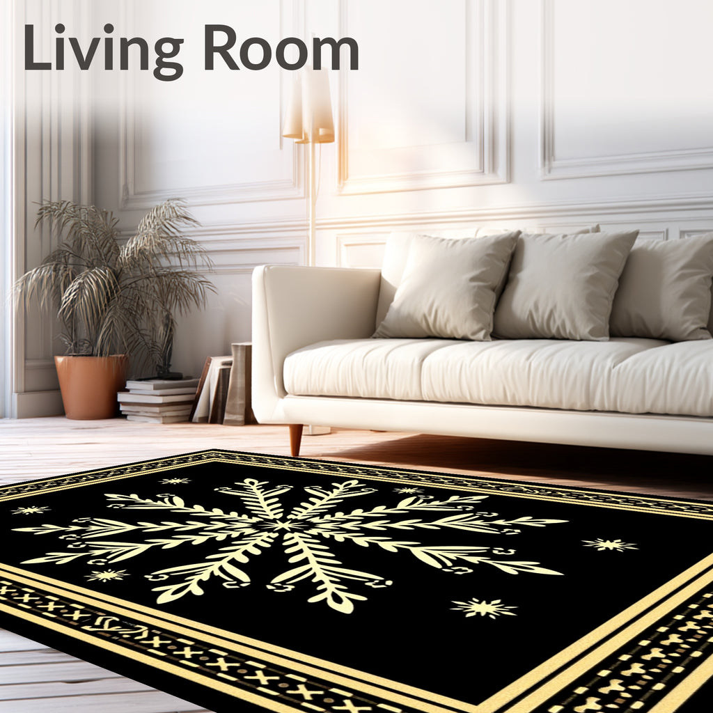 Elegant Black Gold Snowflake Medallion Rug