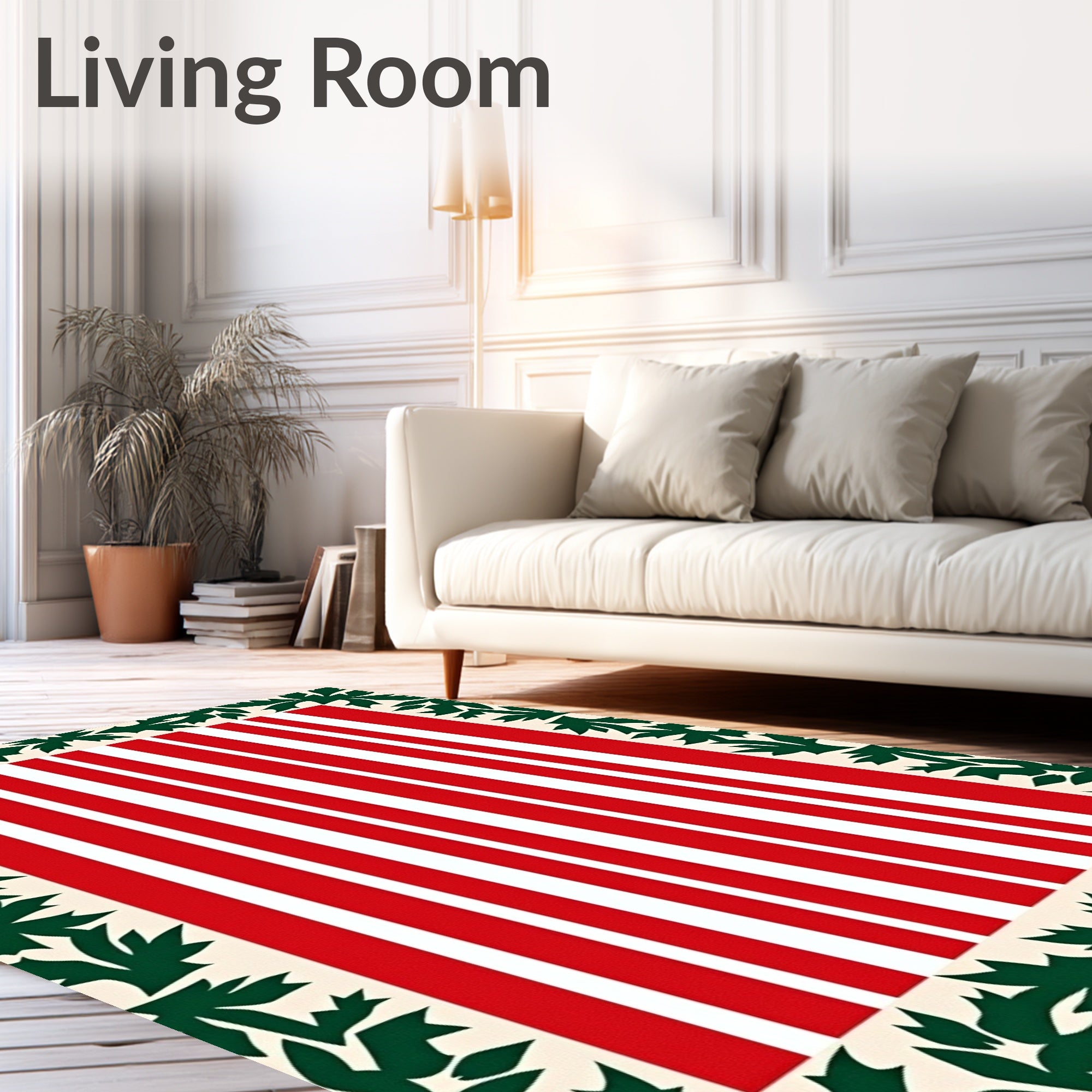 Red White Vertical Stripes Holly Border Rug
