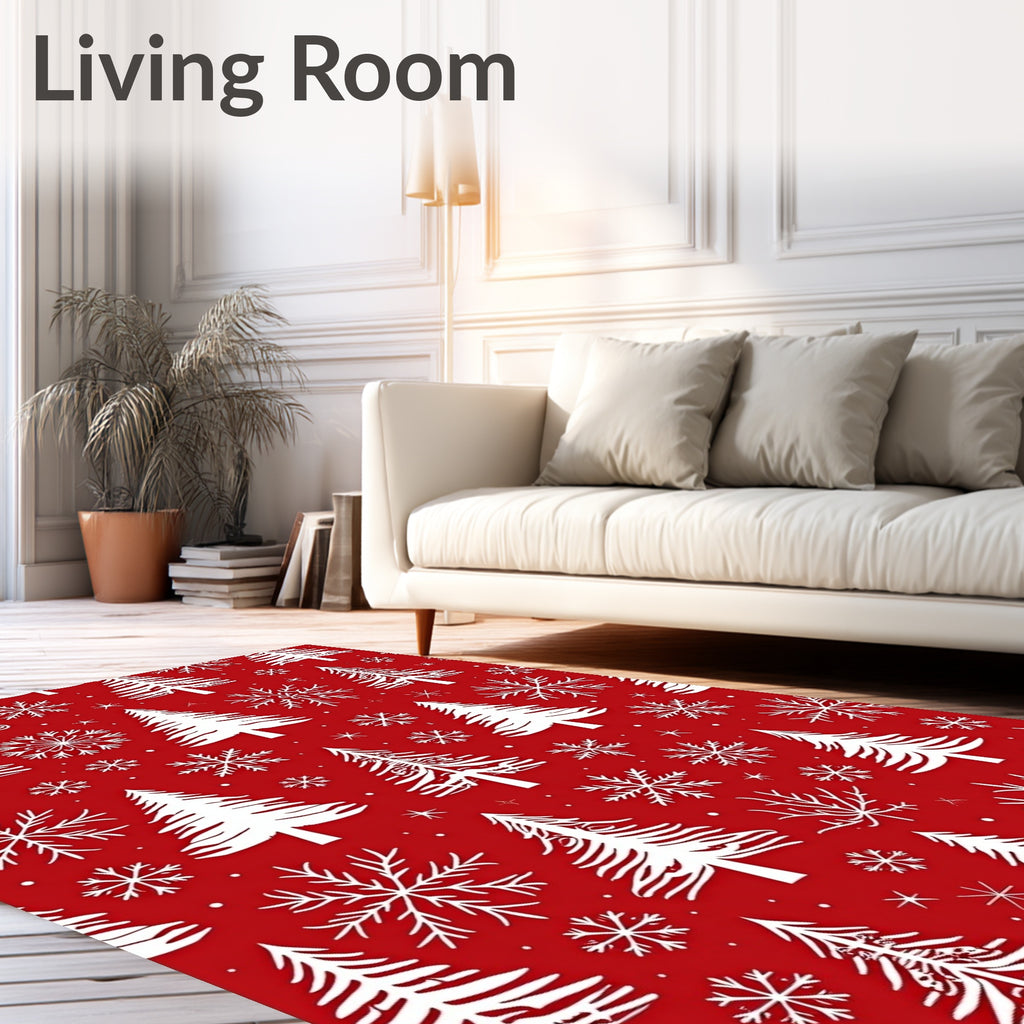 Red White Christmas Tree Snowflake Repeat Rug