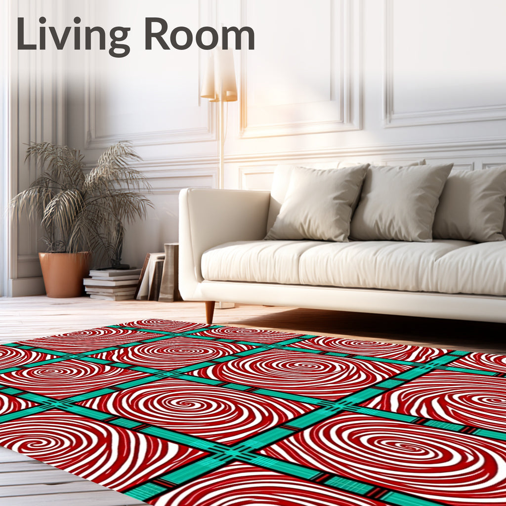 Red White Swirl Squares Teal Grid Rug