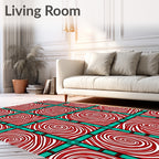 Red White Swirl Squares Teal Grid Rug