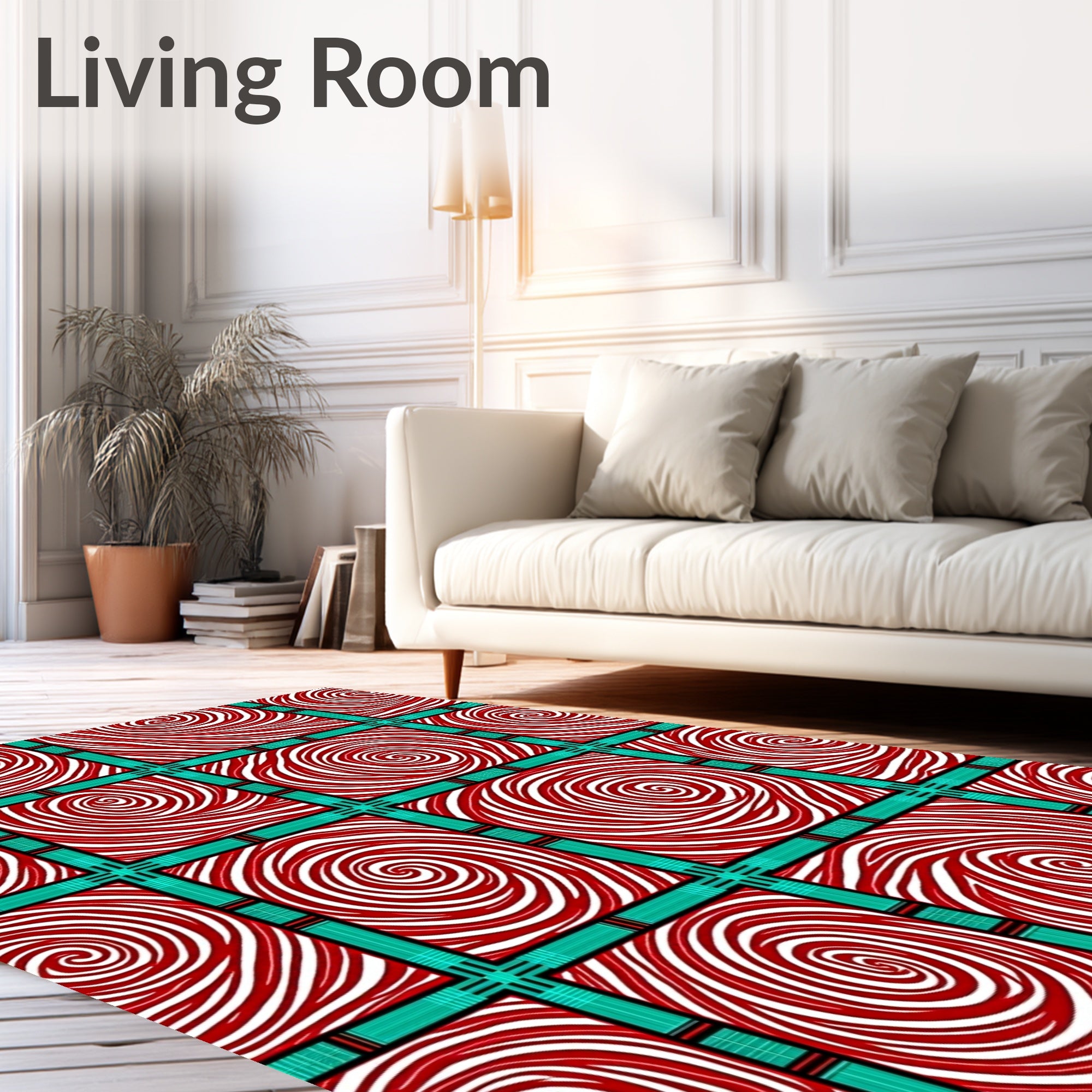 Red White Swirl Squares Teal Grid Rug