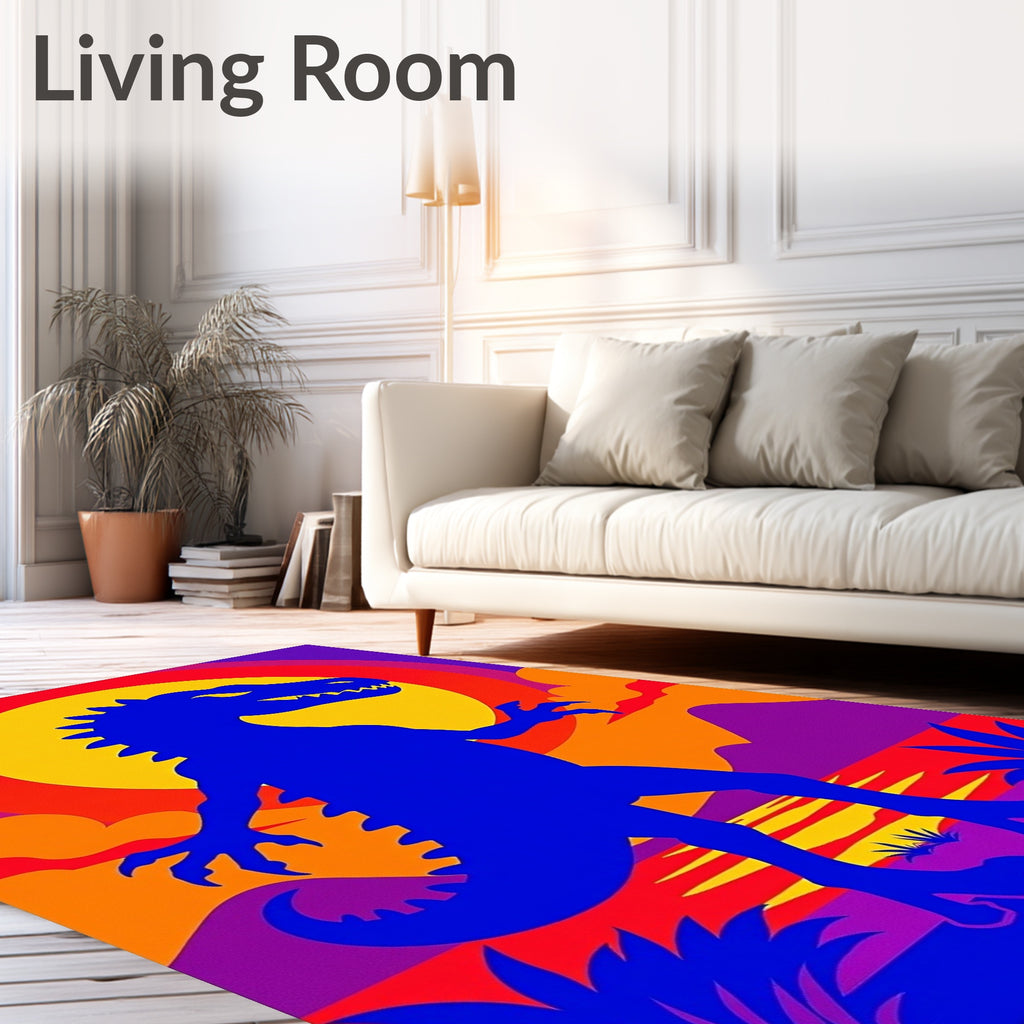 Bold Blue Dinosaur Sunset Landscape Rug