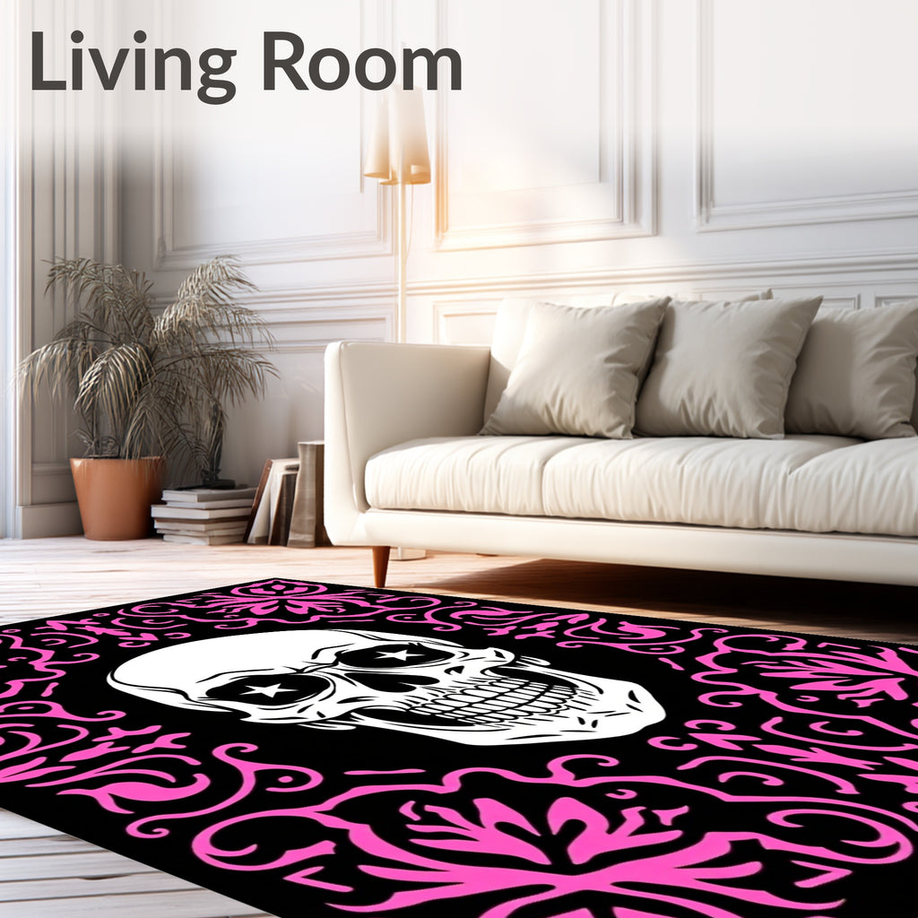Black White Pink Skull Floral Rug