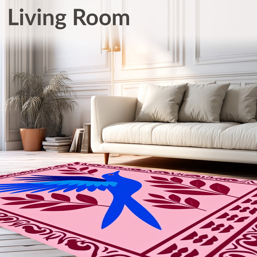 Vibrant Blue Bird Crimson Branches Rug