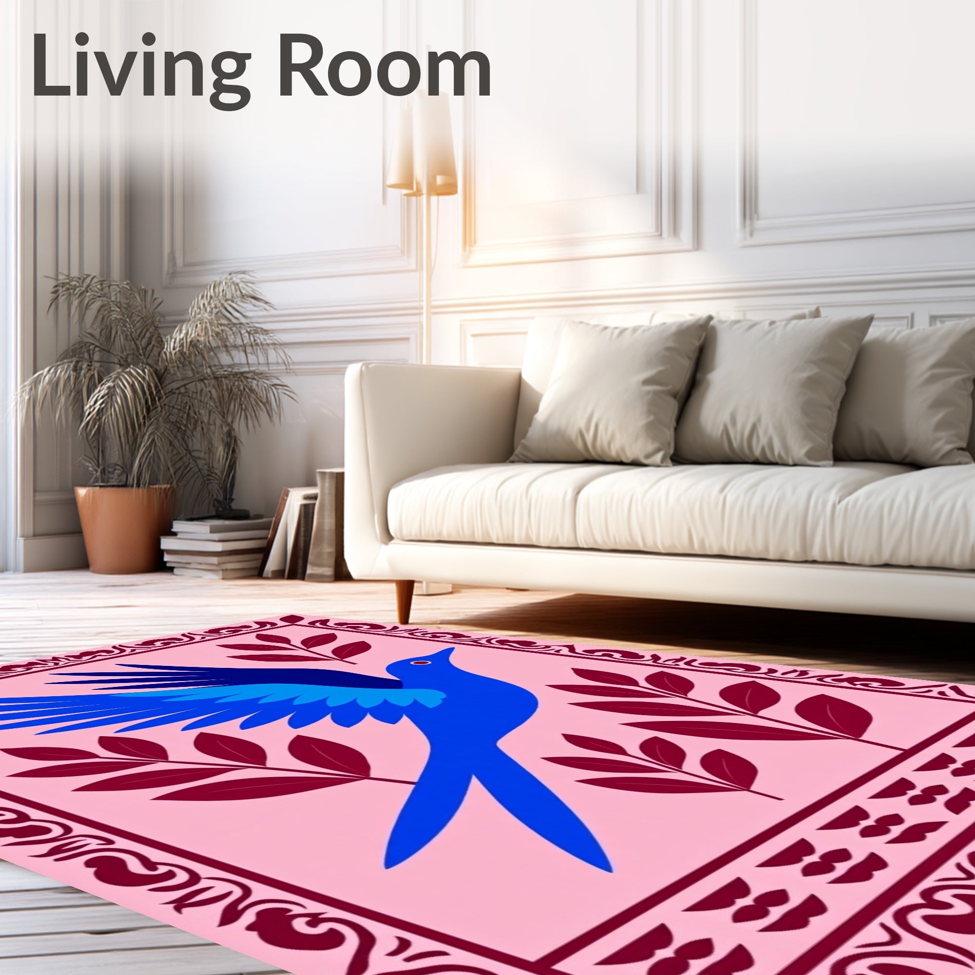 Vibrant Blue Bird Crimson Branches Rug