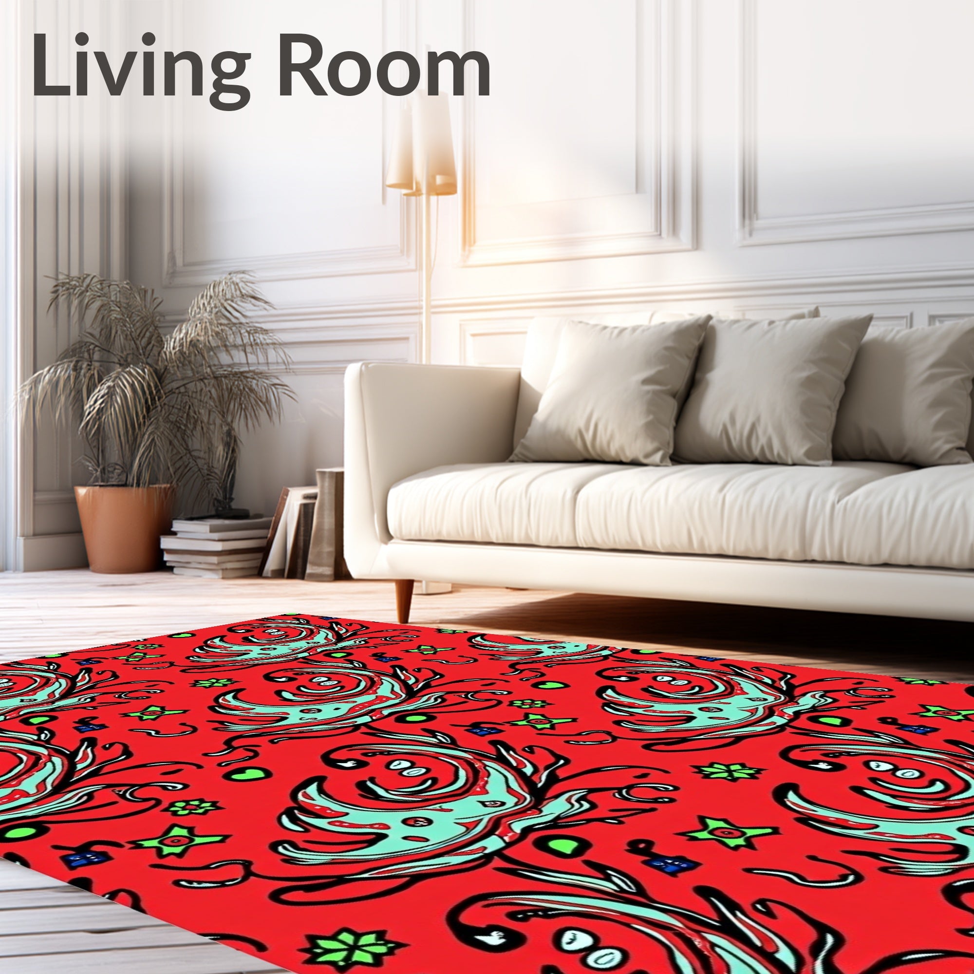 Red Aqua Floral Swirls Folk Rug