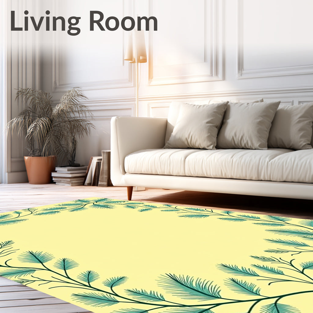 Teal Pine Branch Frame Yellow Rug