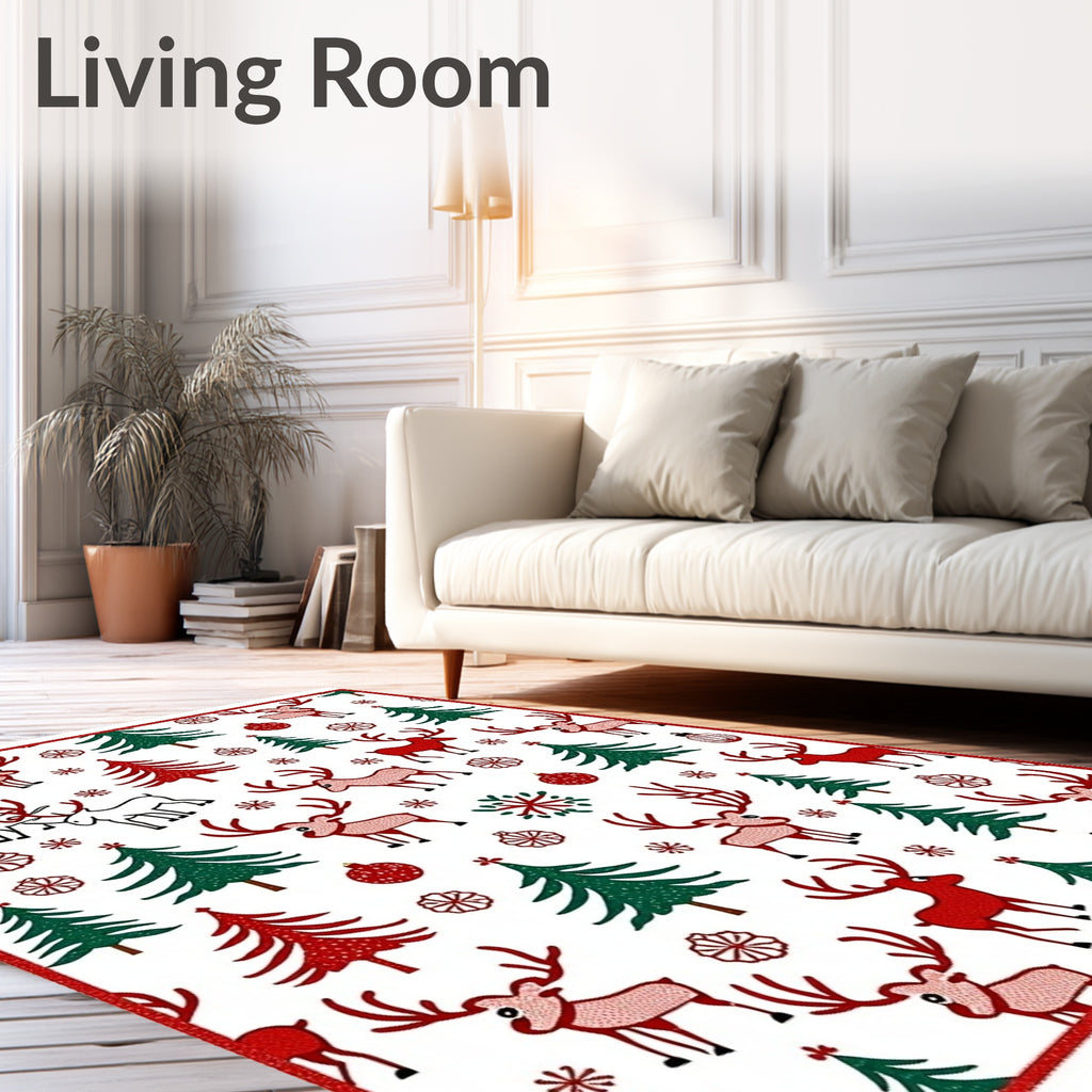 Festive Red Green Reindeer Christmas Trees Rug