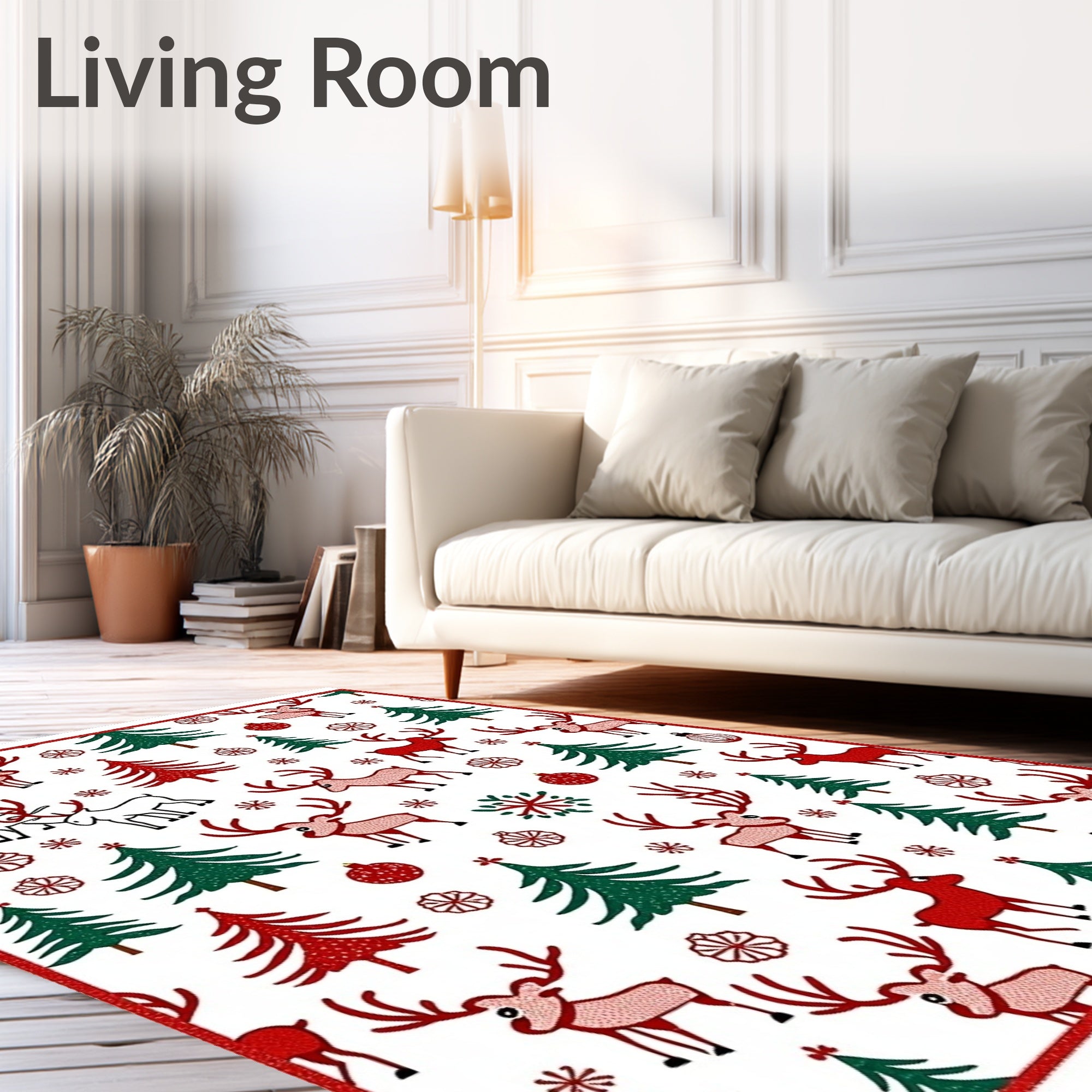 Festive Red Green Reindeer Christmas Trees Rug
