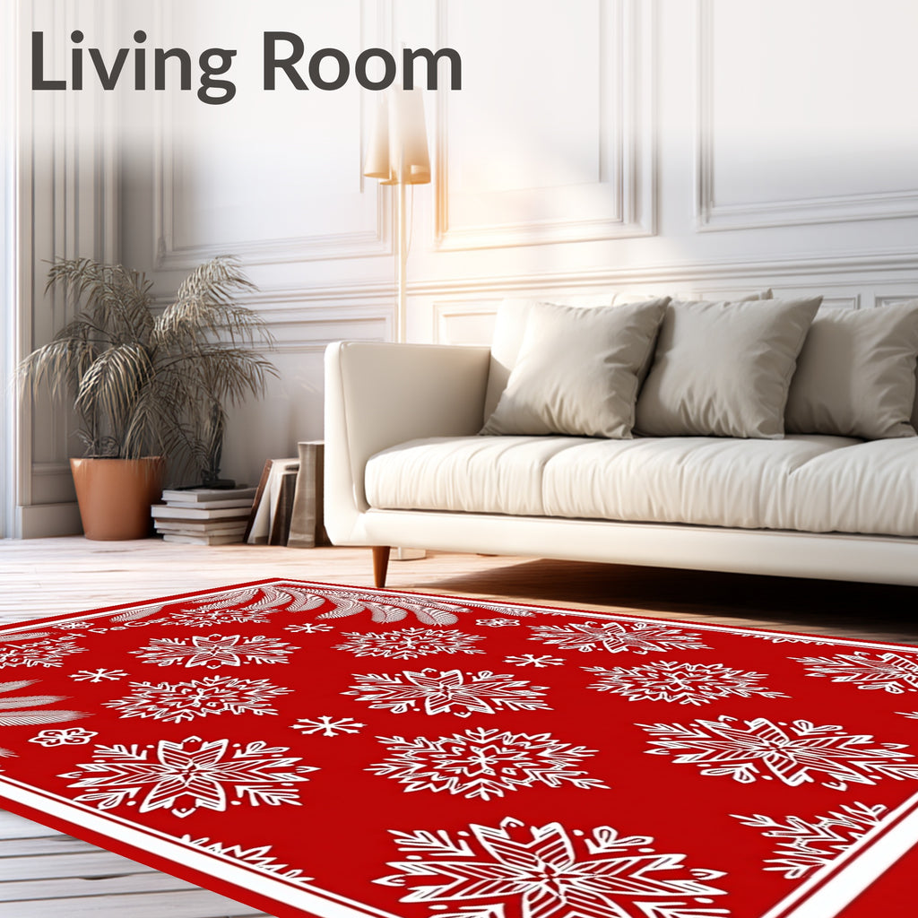 Crimson White Snowflake Floral Border Rug