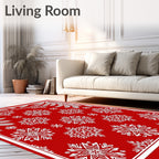 Crimson White Snowflake Floral Border Rug