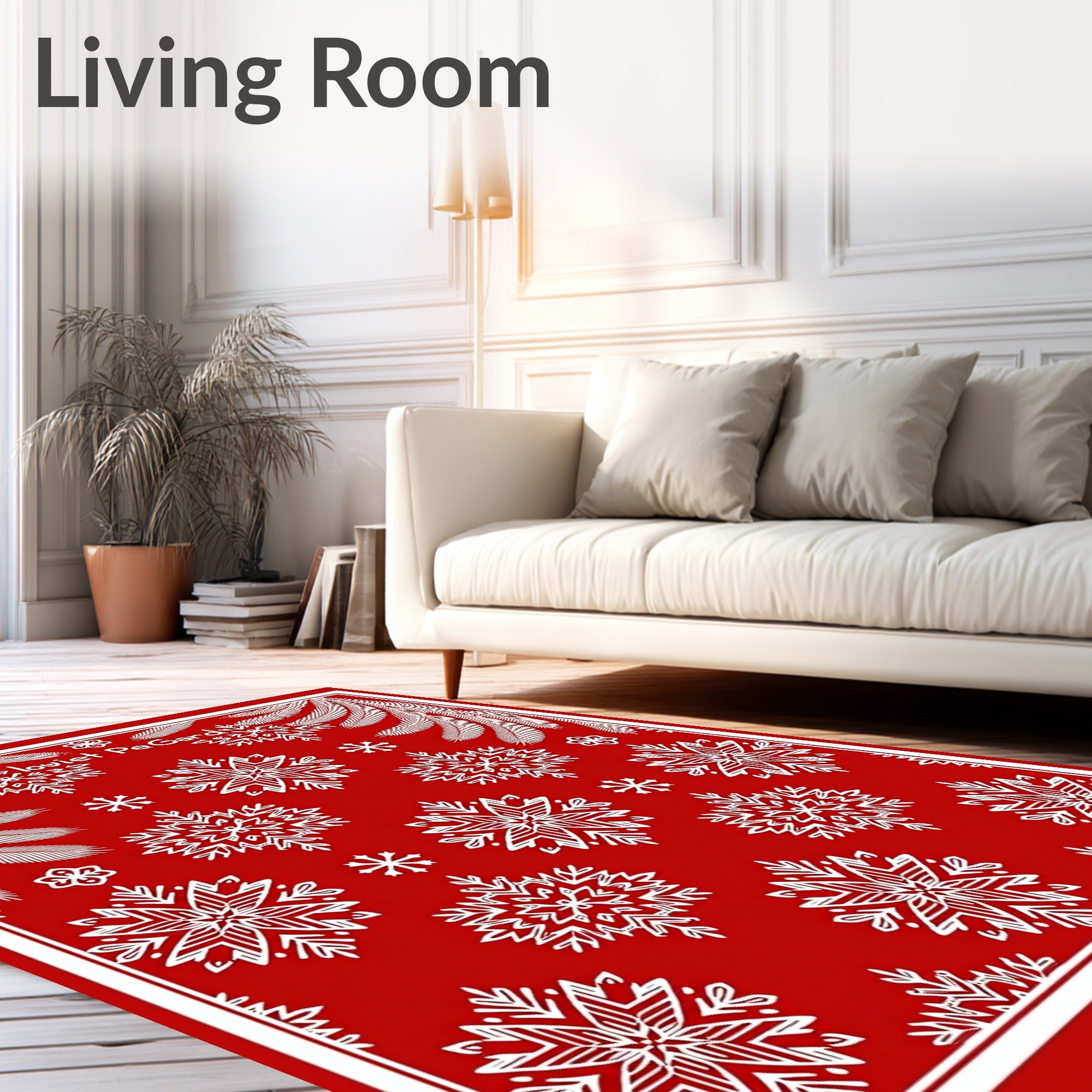 Crimson White Snowflake Floral Border Rug
