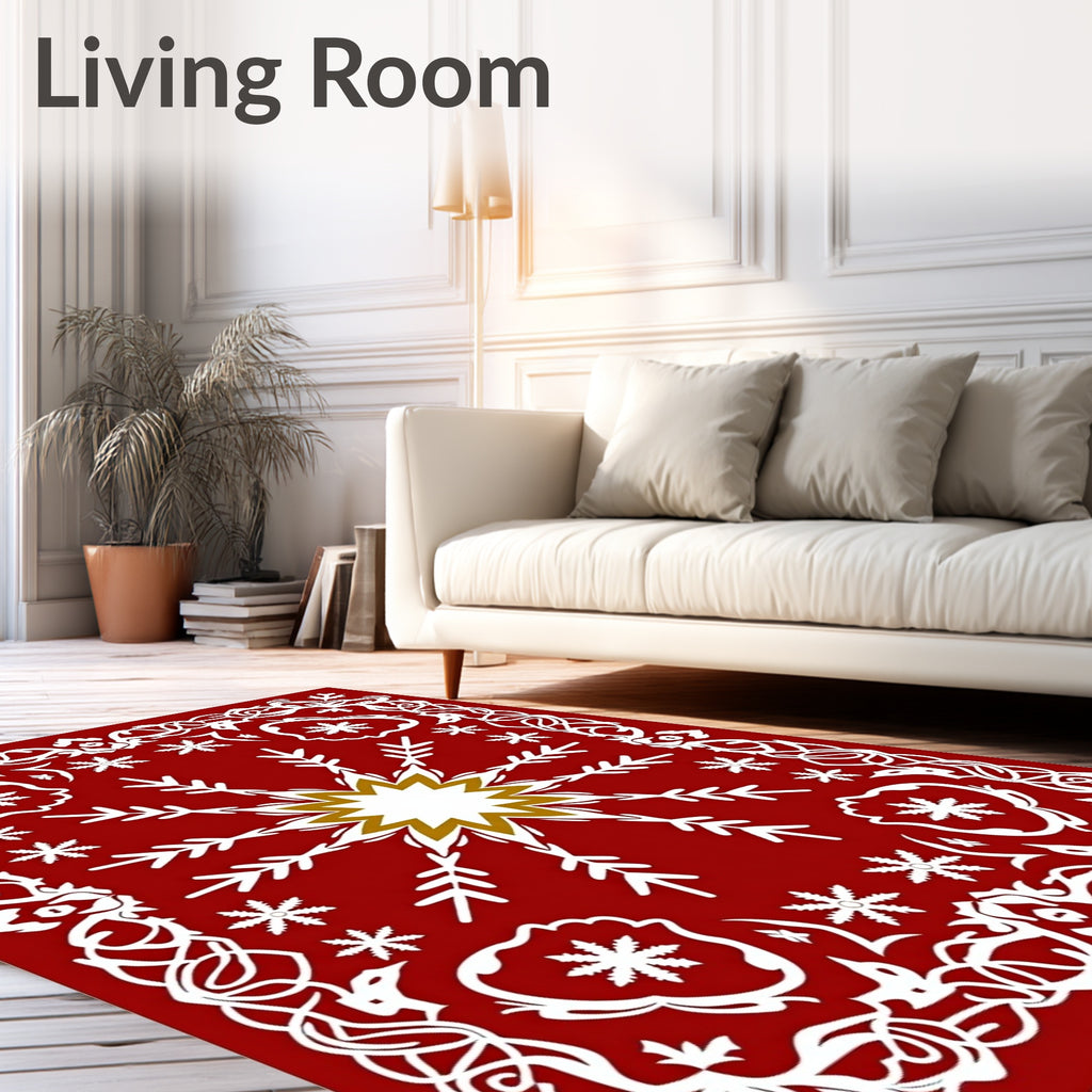 Crimson White Snowflakes Floral Frame Rug