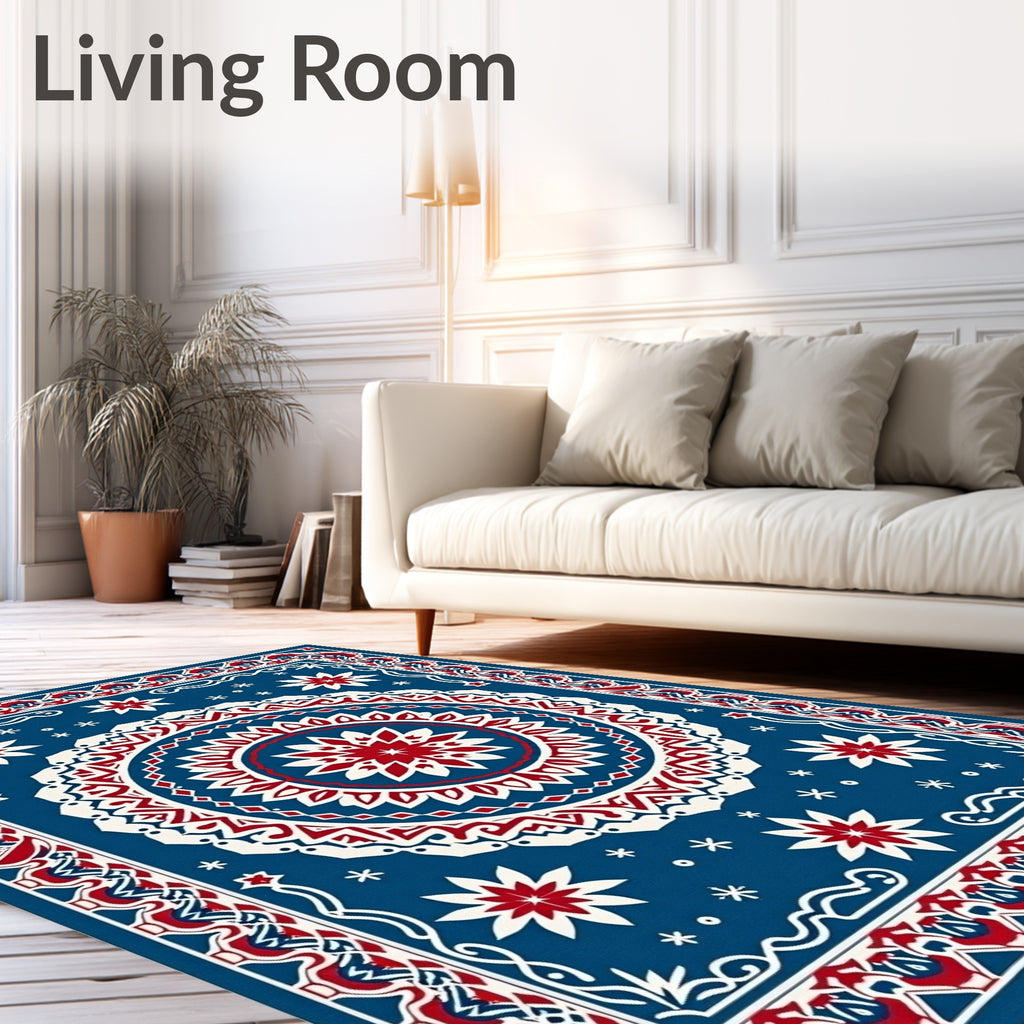 Bold Blue Red White Starburst Medallion Rug