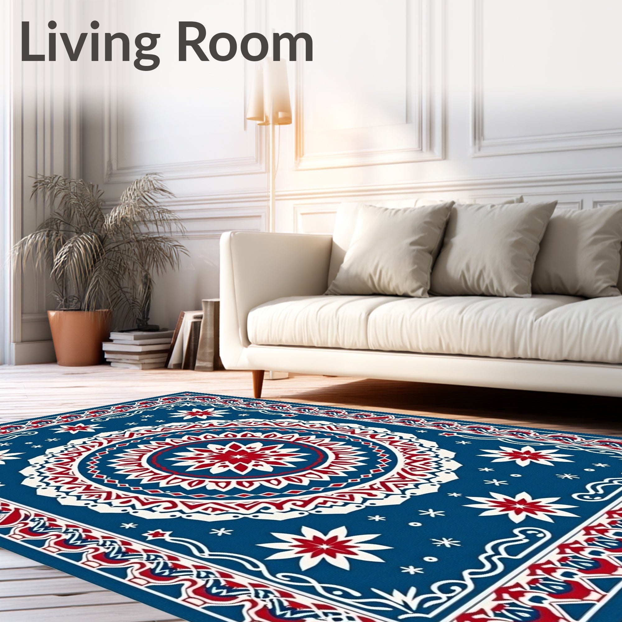 Bold Blue Red White Starburst Medallion Rug