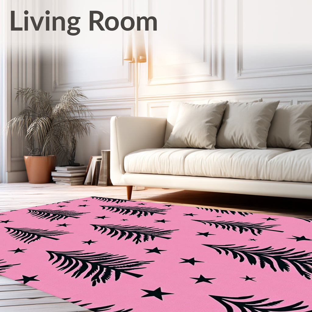 Whimsical Black Pine Stars Pink Rug
