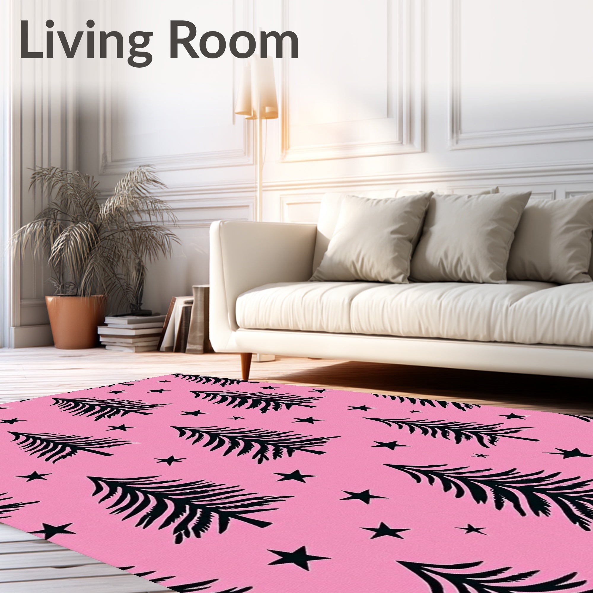 Whimsical Black Pine Stars Pink Rug