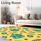 Whimsical Teal Houses Stars Branches Rug