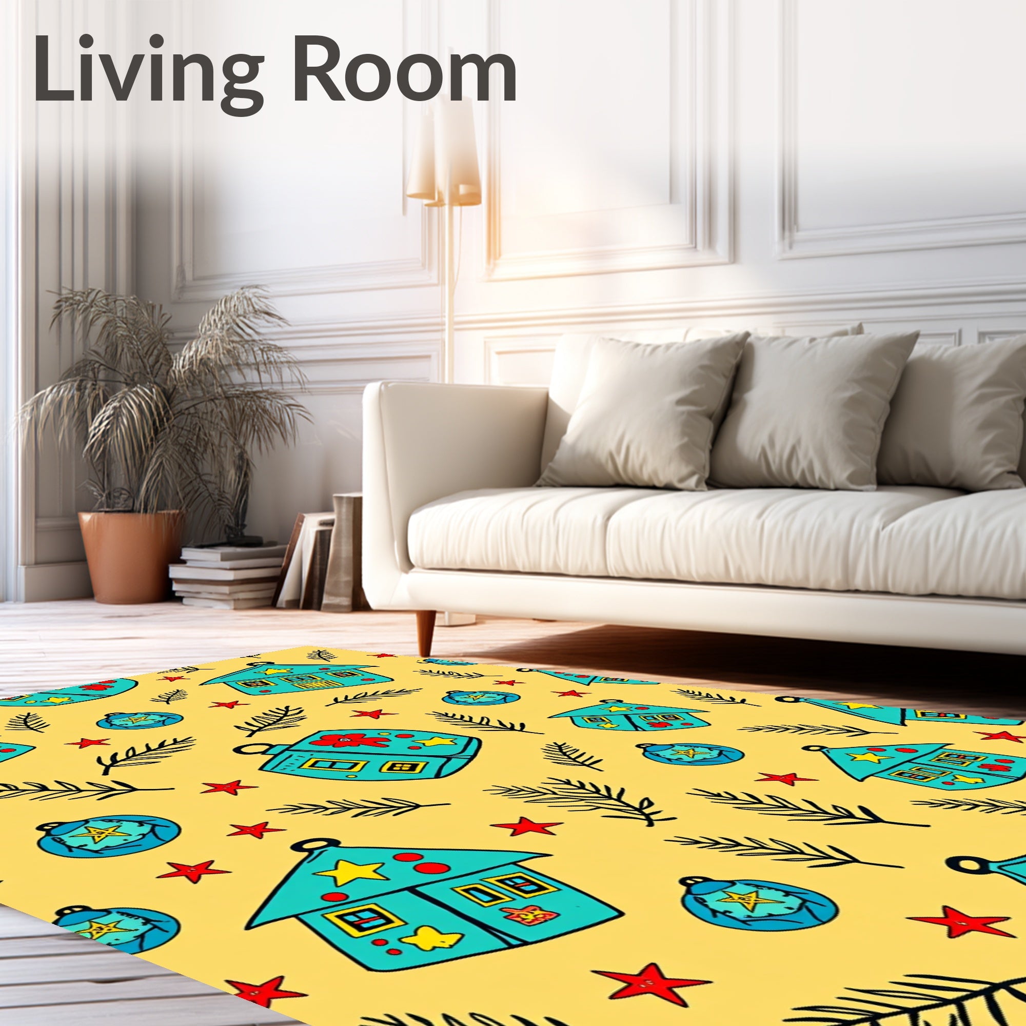 Whimsical Teal Houses Stars Branches Rug
