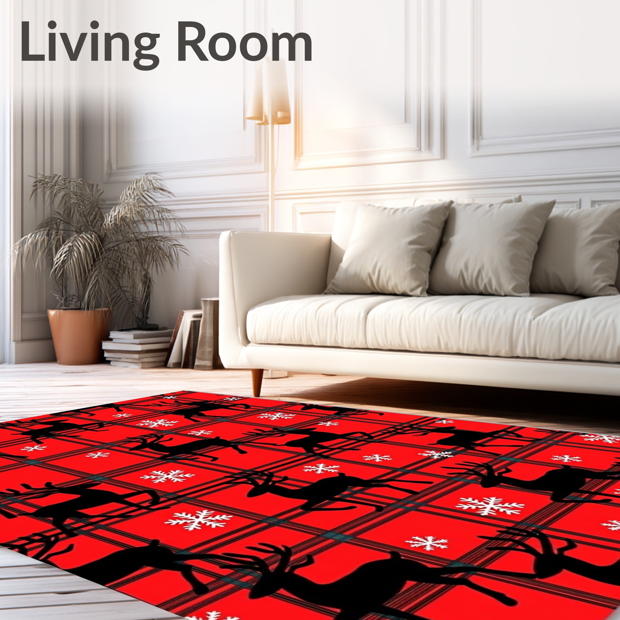 Classic Red Plaid Deer Snowflakes Rug