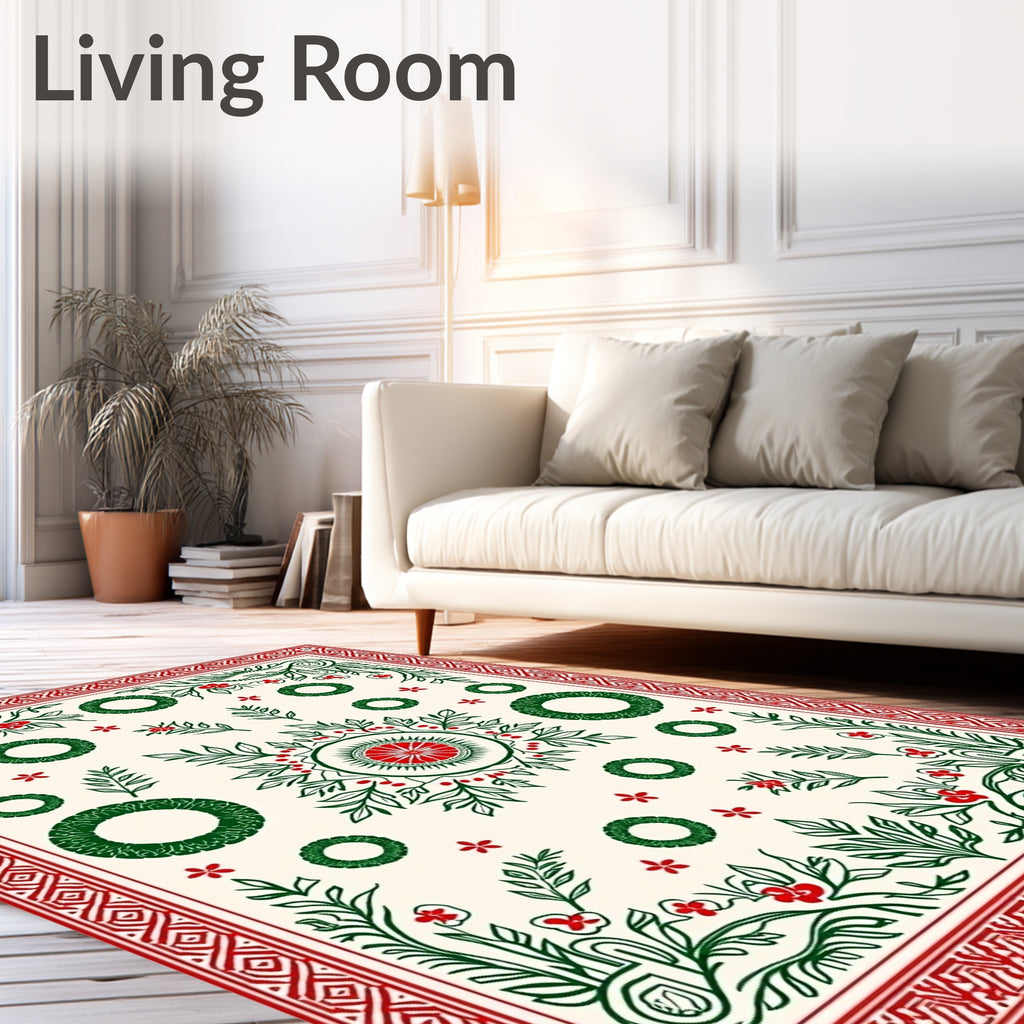 Vintage Red Green Floral Wreath Medallion Rug