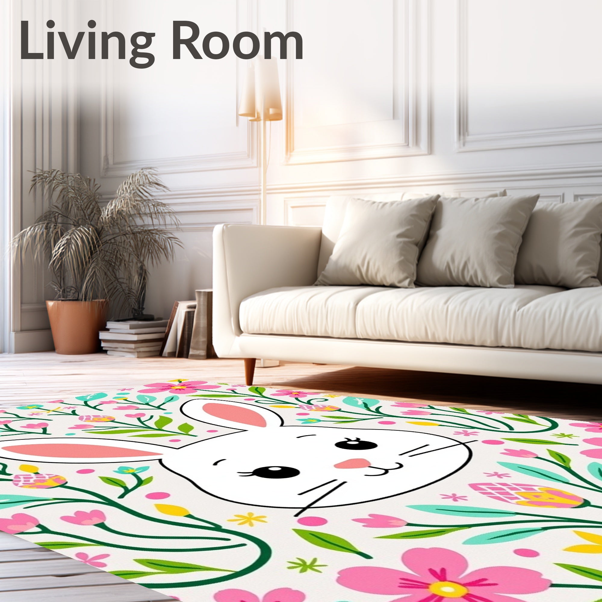 Whimsical White Bunny Floral Garden Rug