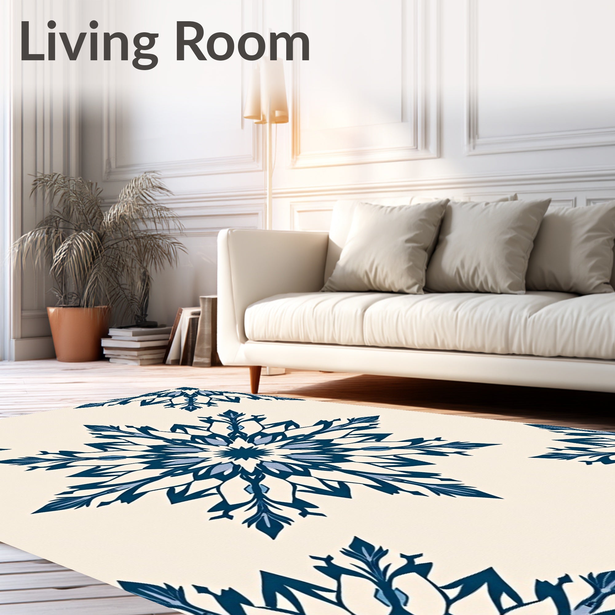 Deep Blue Floral Medallion Cream Rug