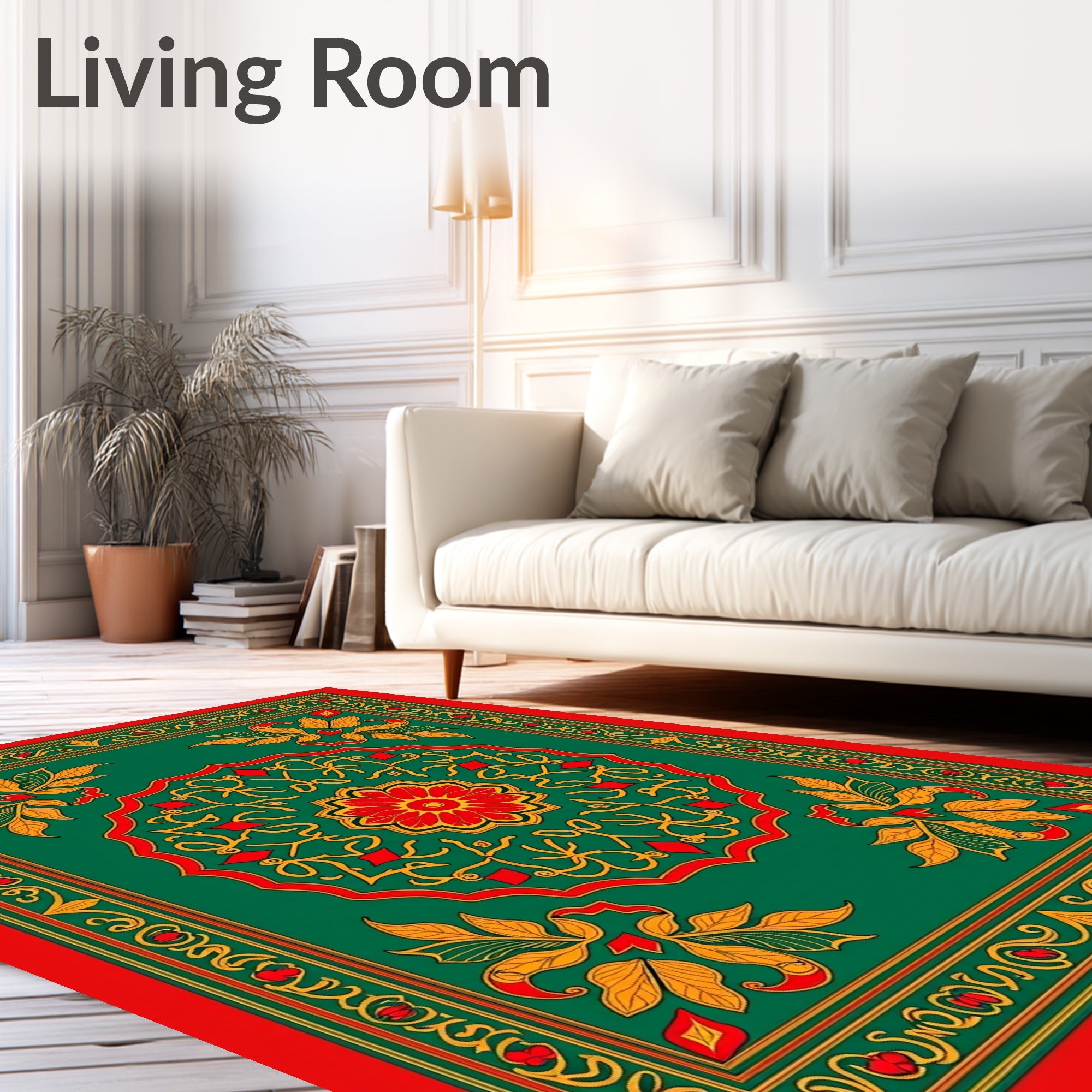 Traditional Green Red Floral Medallion Rug