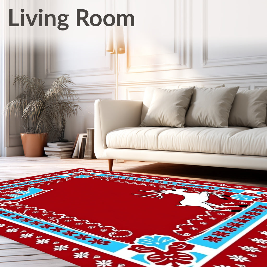 Red White Blue Sleigh Reindeer Border Rug