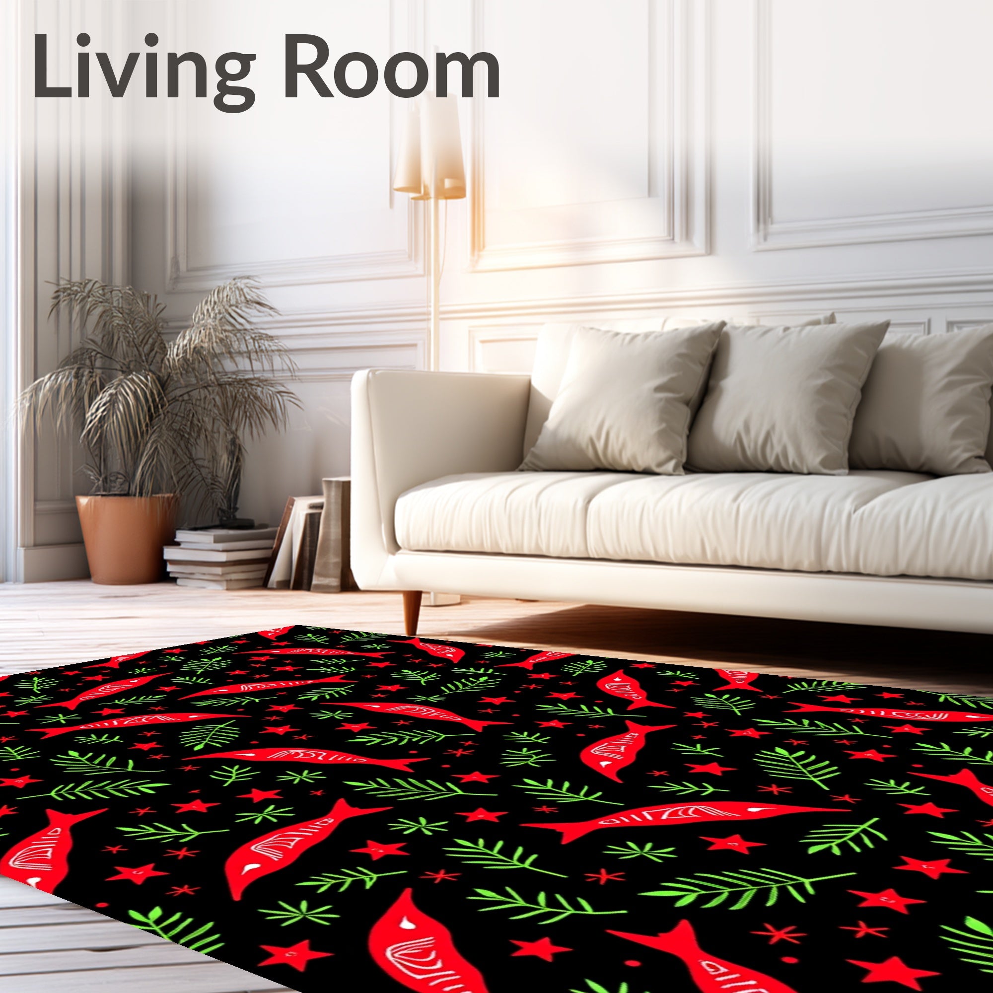 Red Fish Green Leaves Starry Black Rug