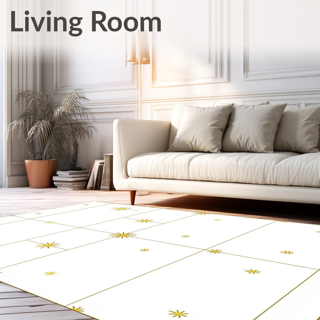 Golden Starburst Grid White Rug