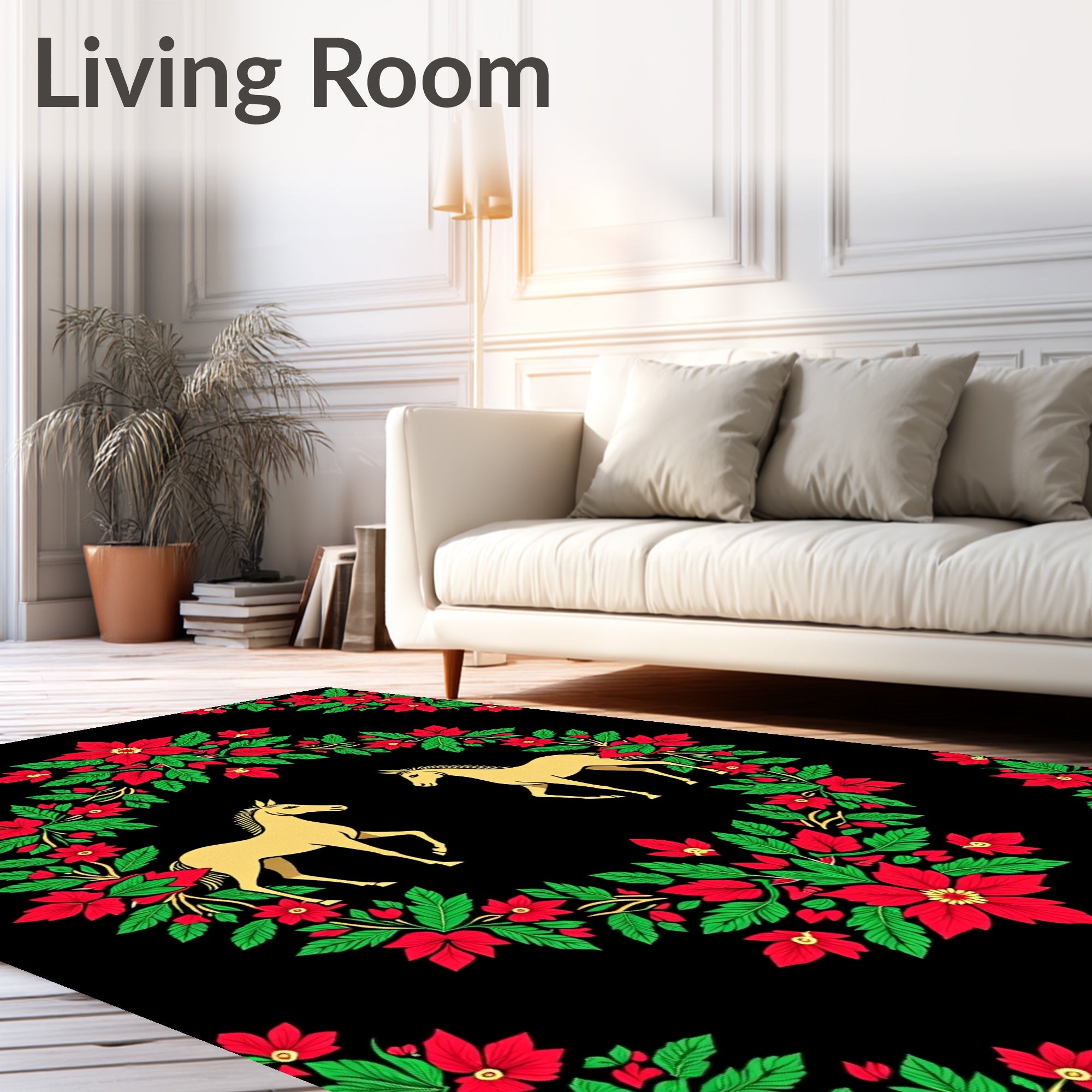 Golden Horses Red Floral Wreath Rug