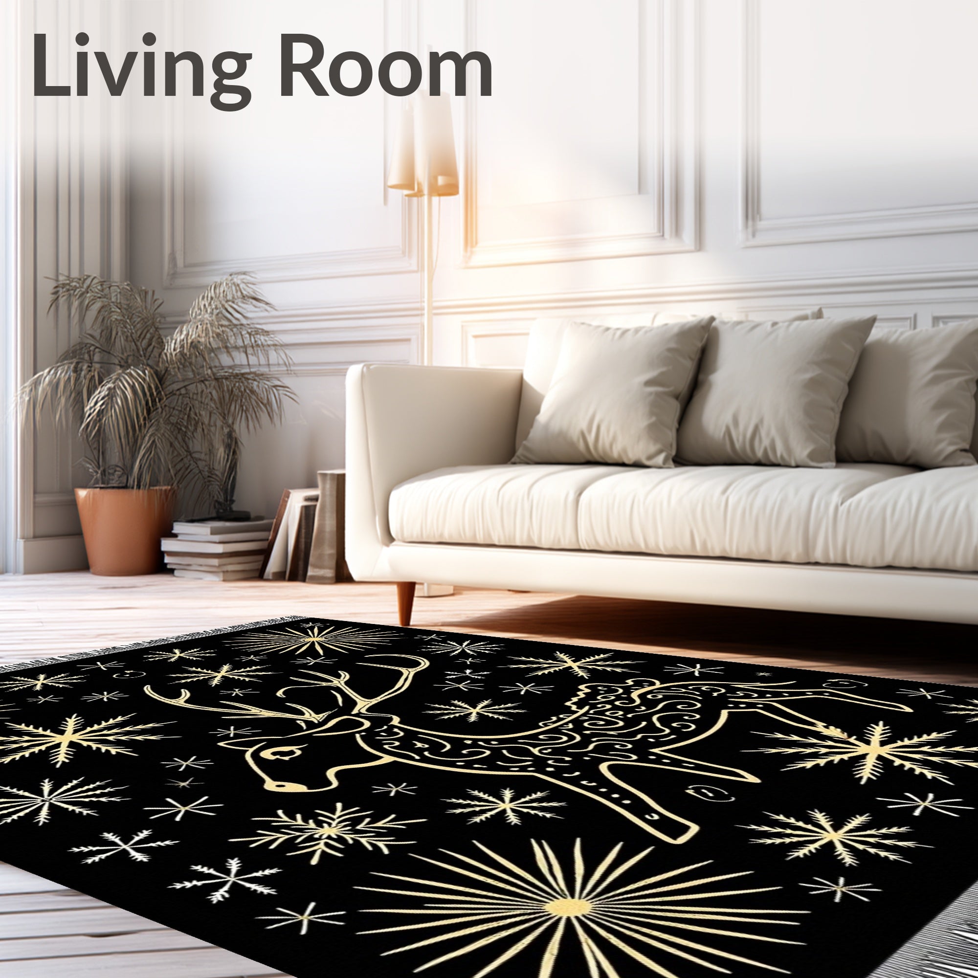 Golden Reindeer Snowflake Night Rug