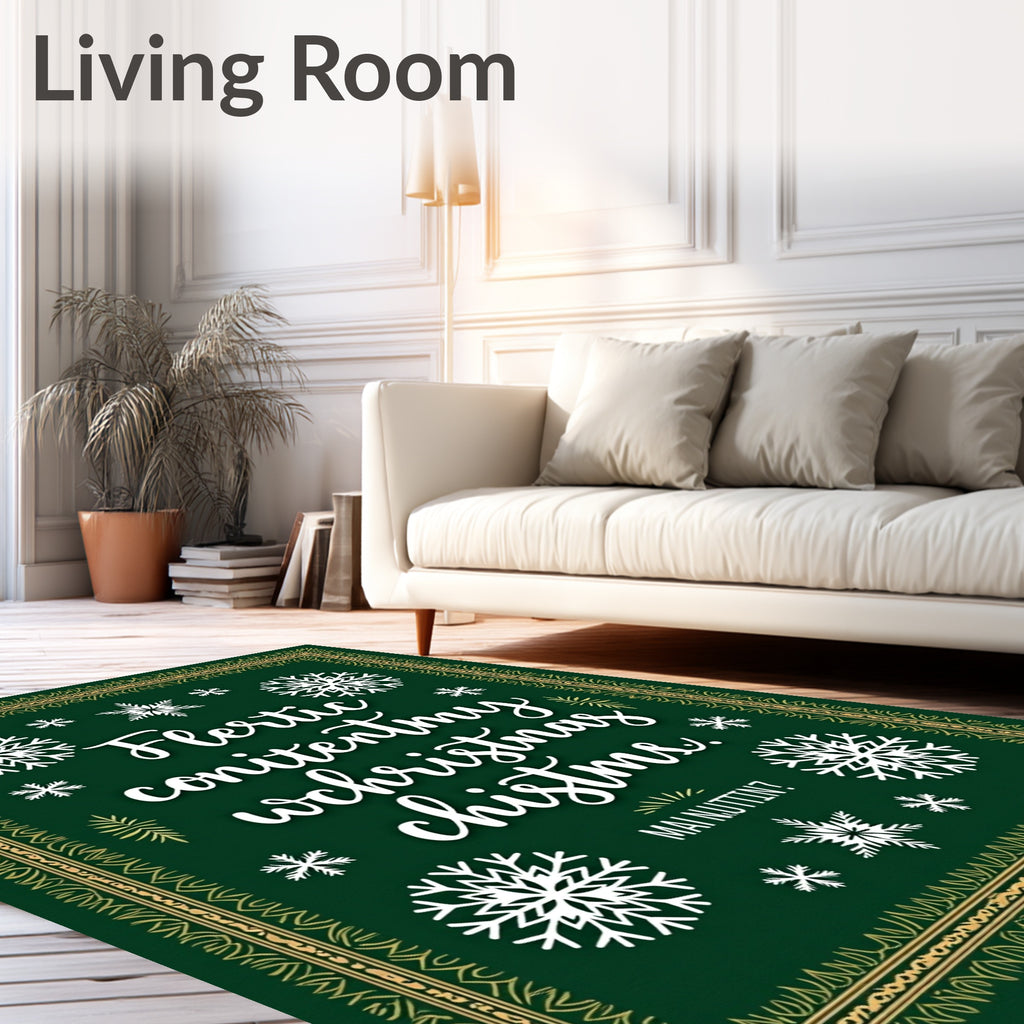 Green Snowflake Whimsical Christmas Lettering Rug