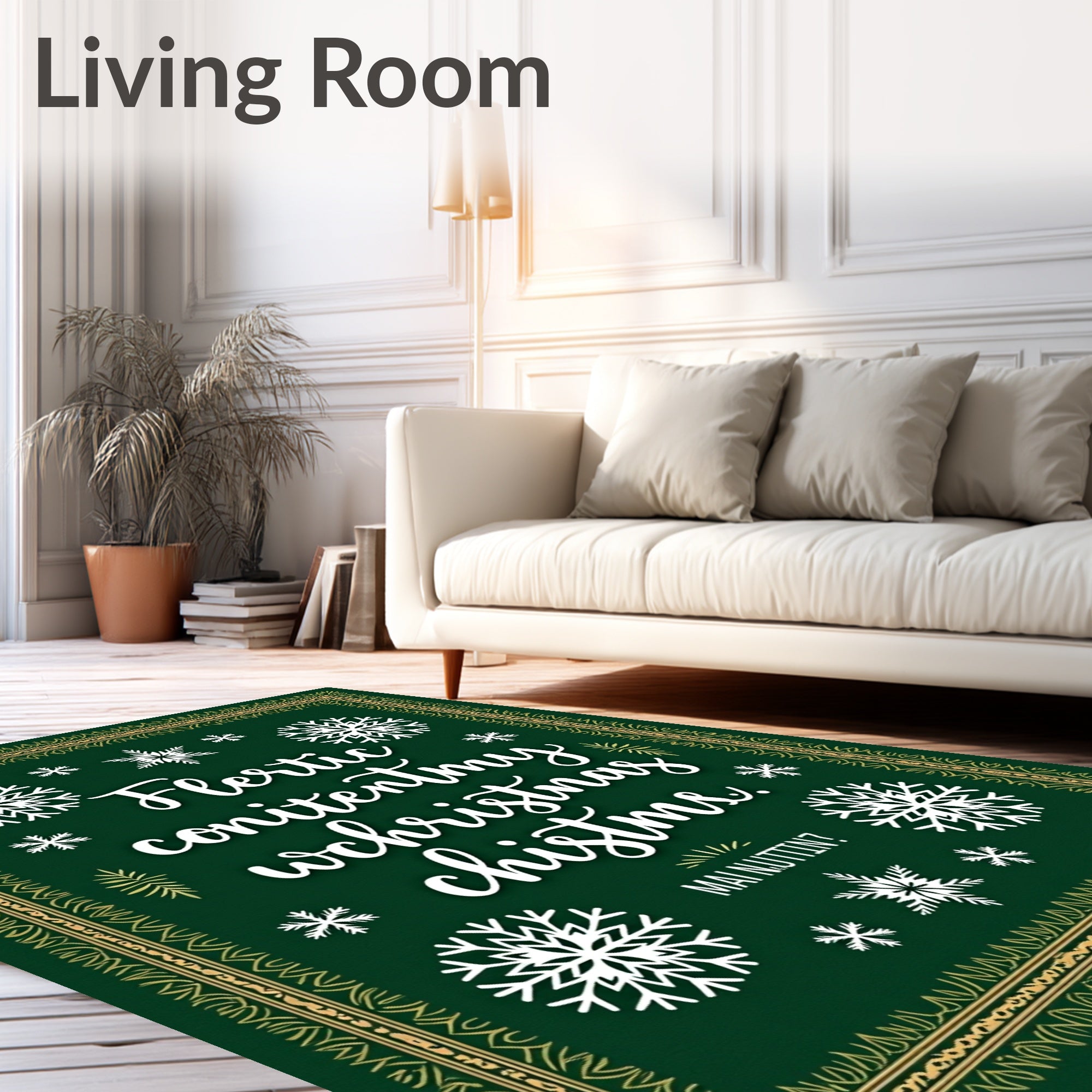 Green Snowflake Whimsical Christmas Lettering Rug