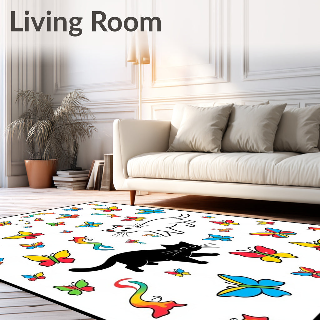 Playful Black White Cats Butterflies Rainbows Rug