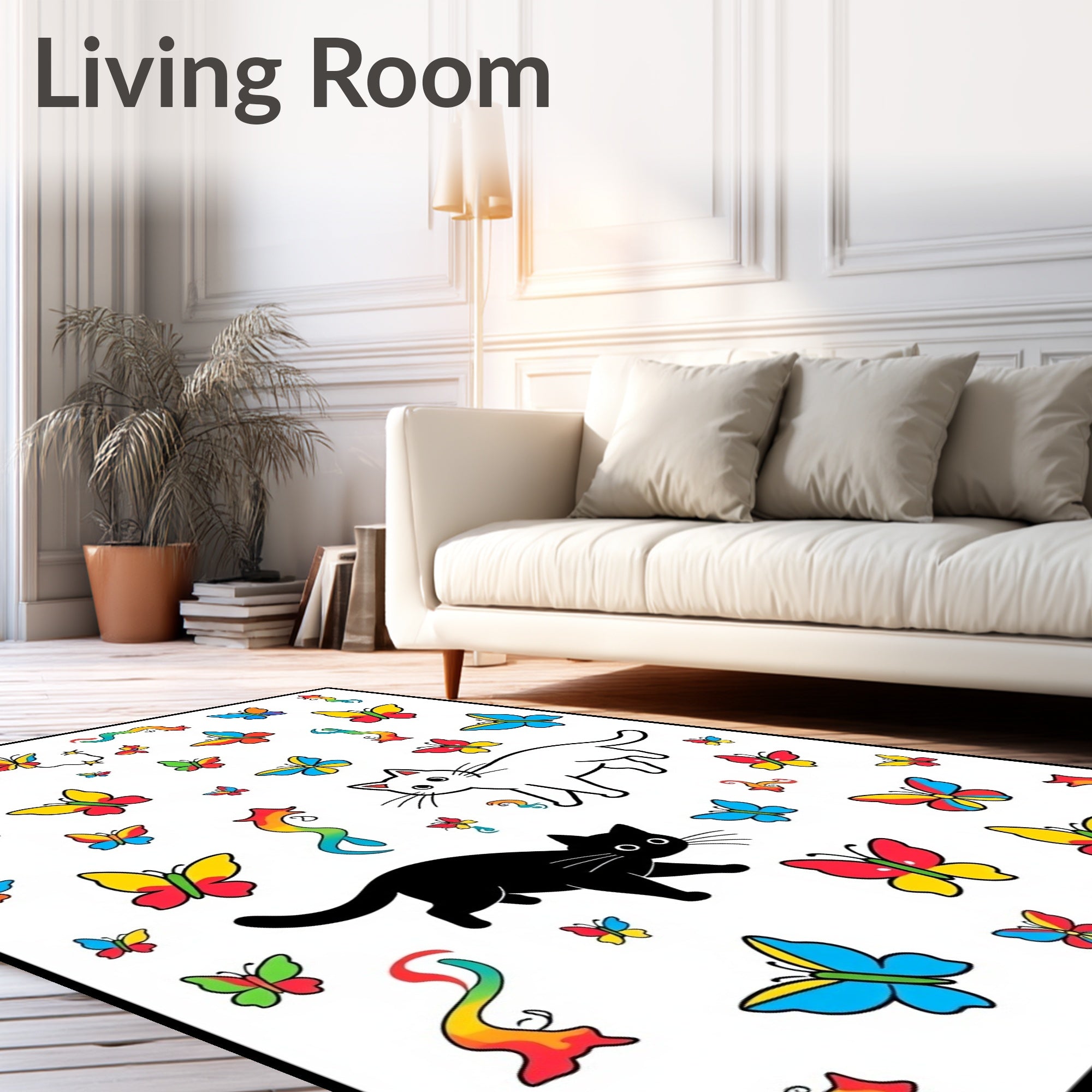 Playful Black White Cats Butterflies Rainbows Rug