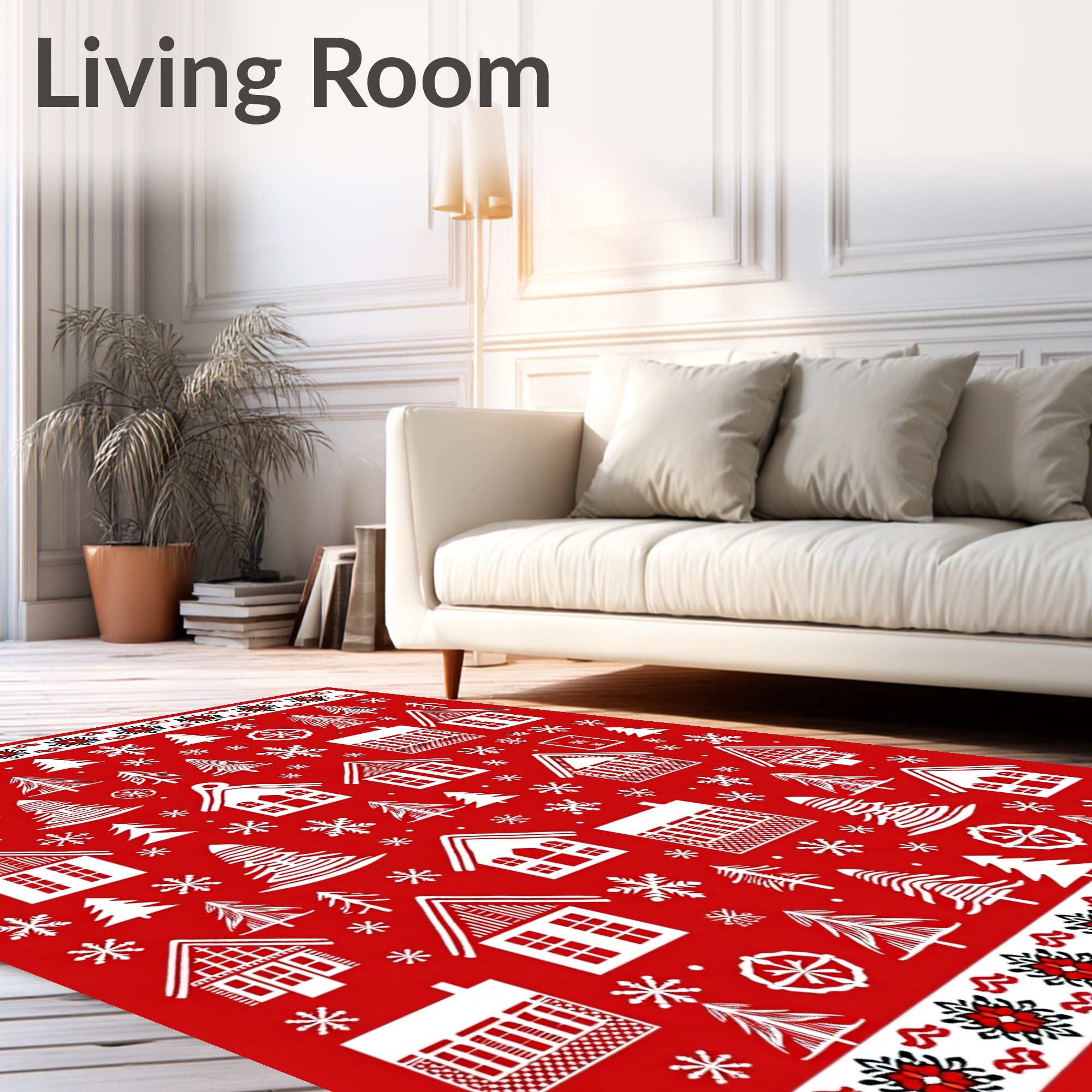 White Houses And Pine Trees Red Rug
