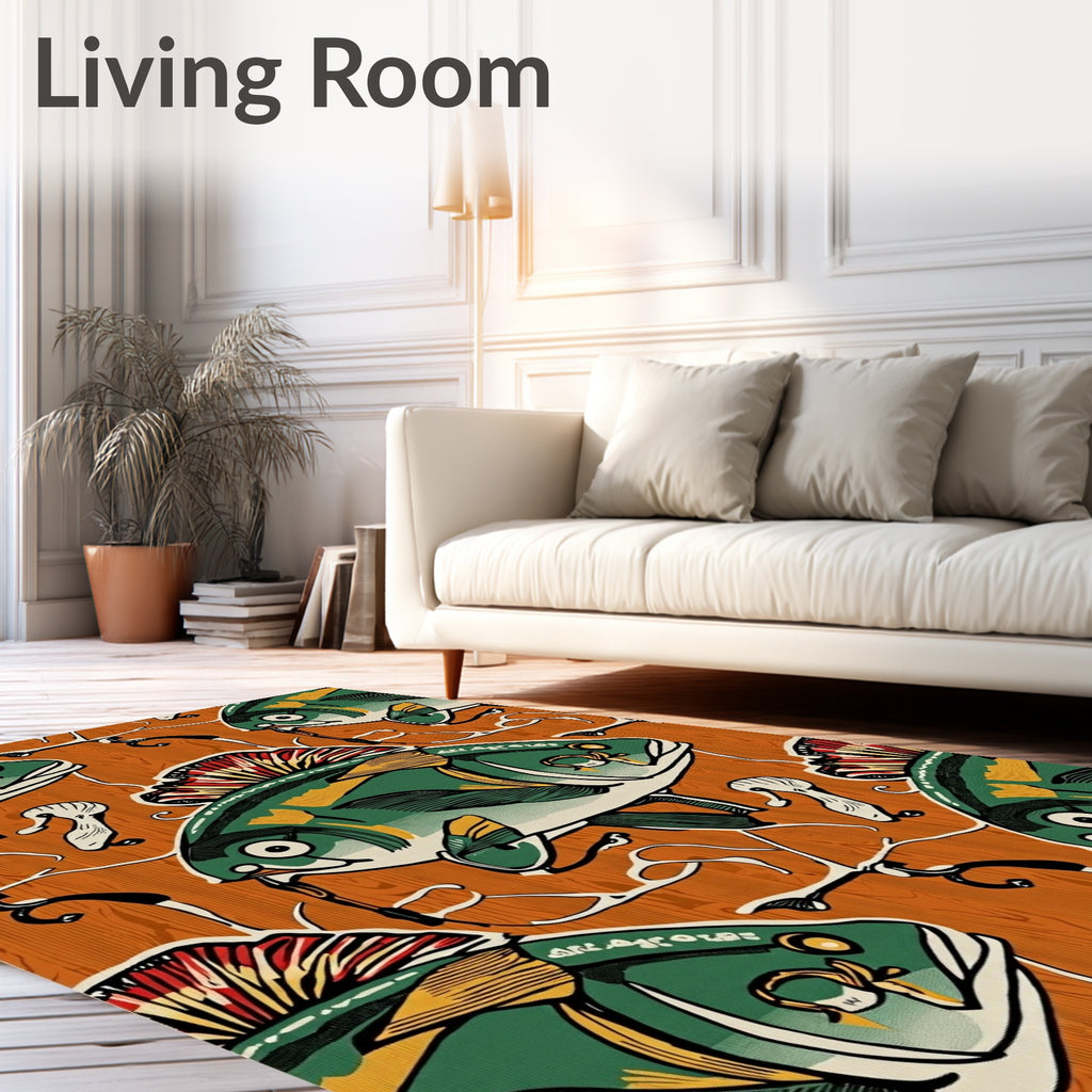 Green Brown Fish Nautical Wood Grain Rug