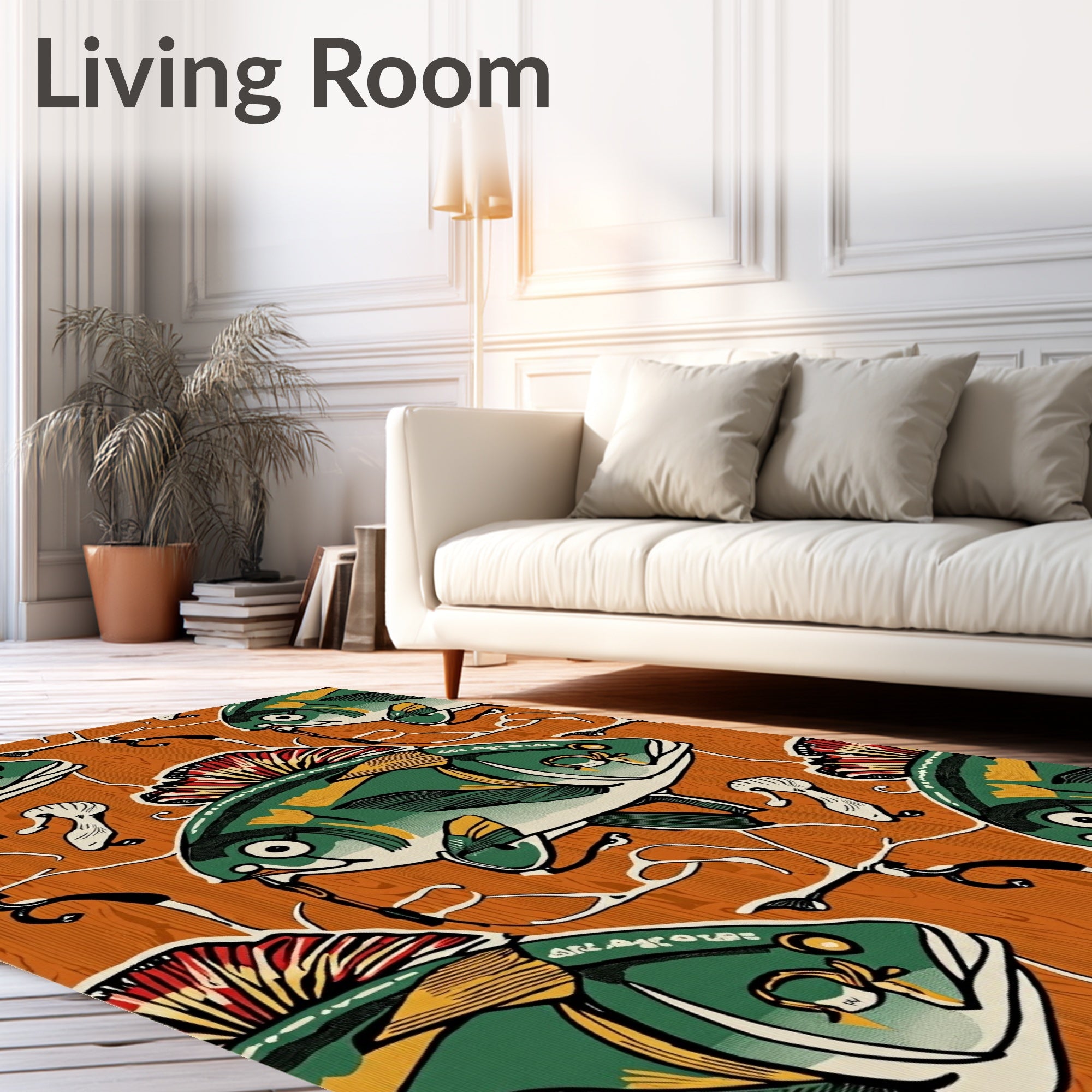 Green Brown Fish Nautical Wood Grain Rug