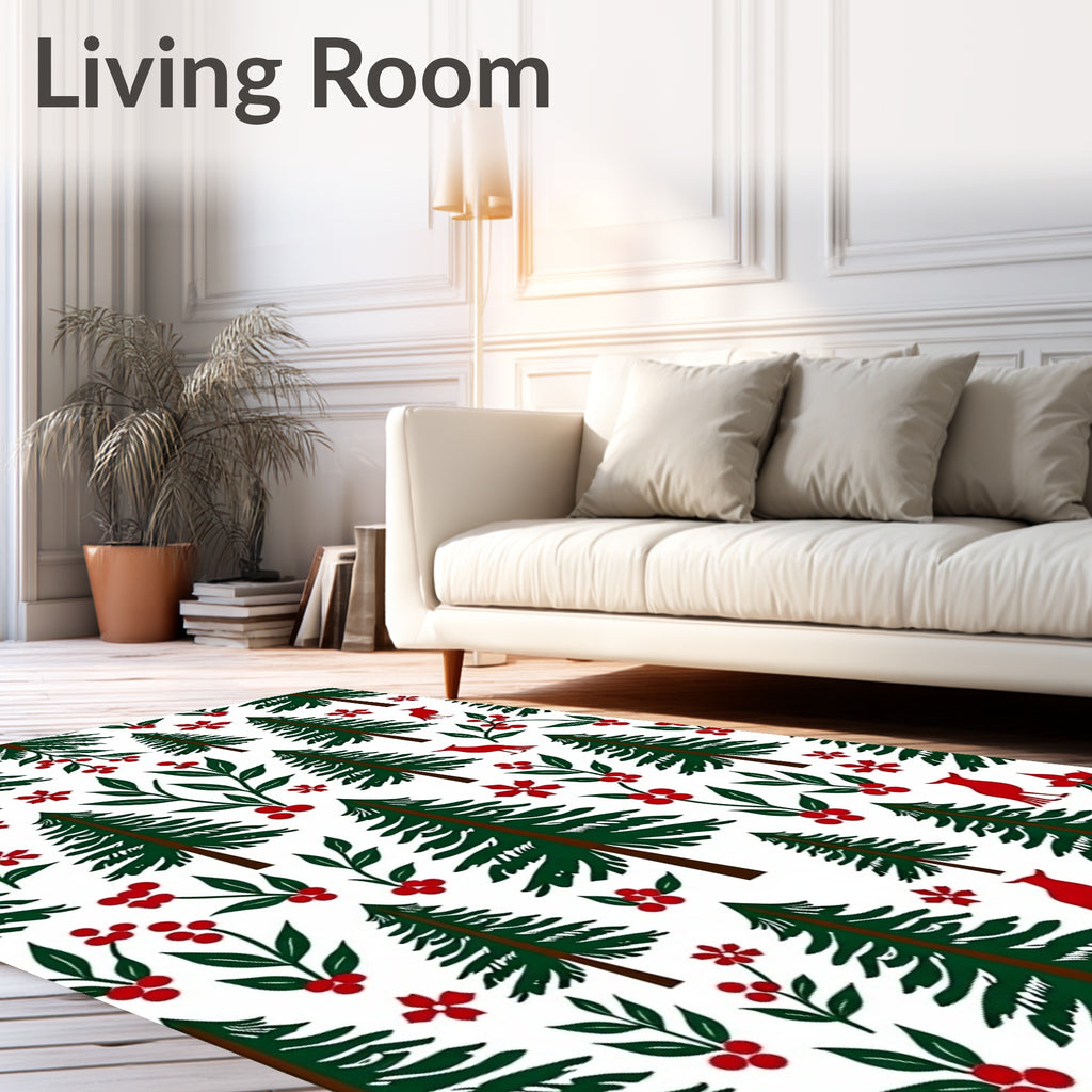 Forest Green Christmas Trees Red Birds Rug