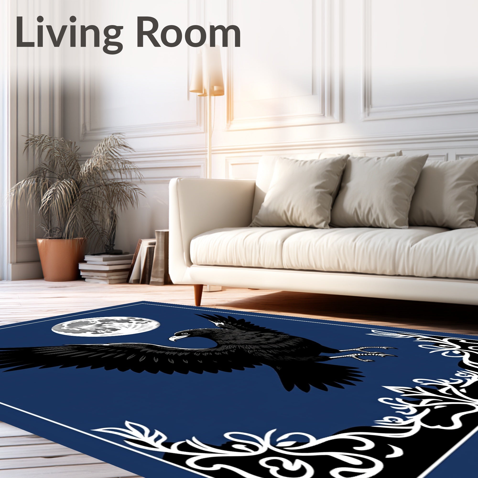Night Raven Moon Floral Border Rug