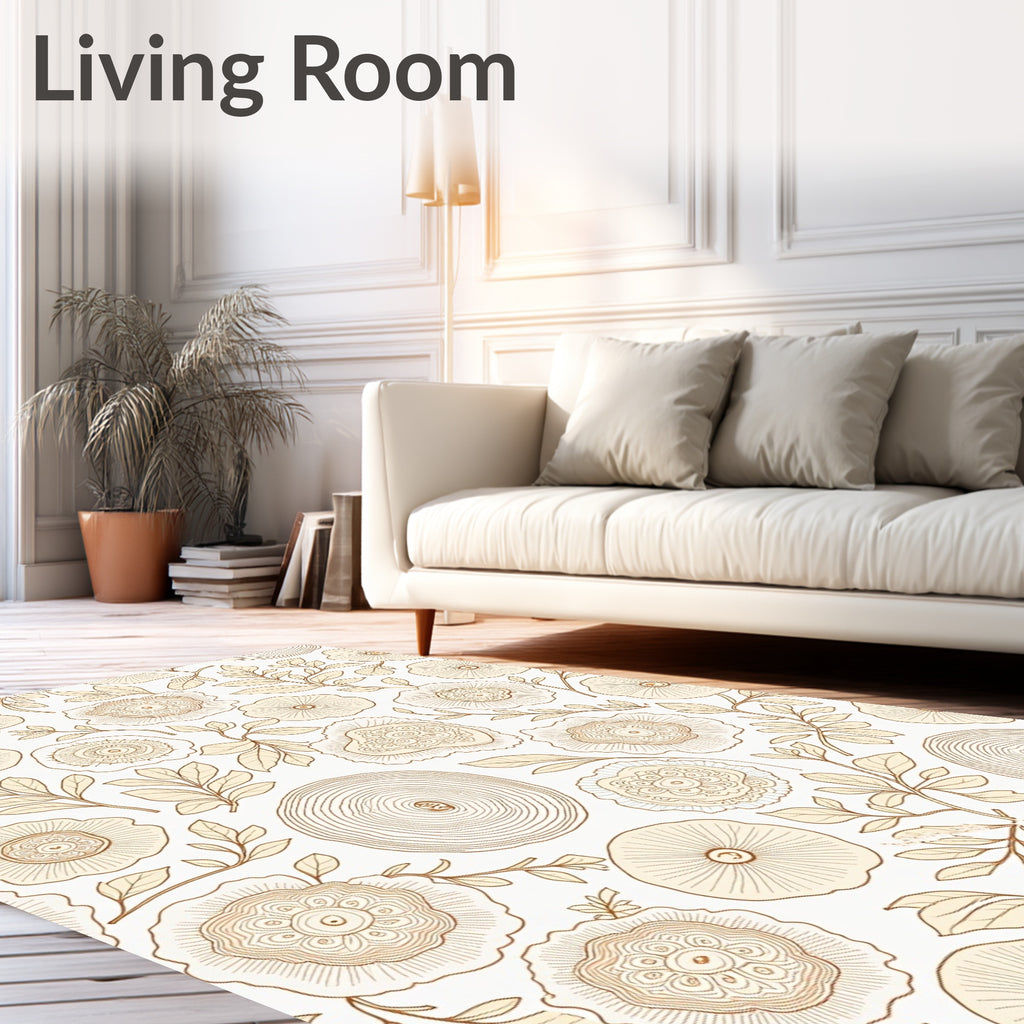 Cream and Tan Botanical Tree Ring Rug