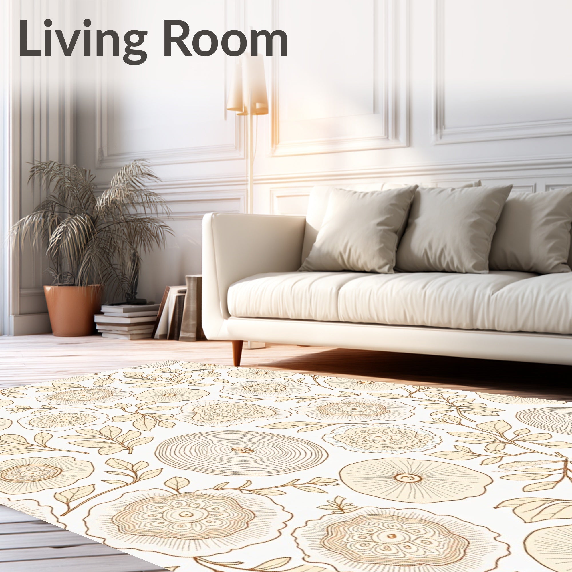 Cream and Tan Botanical Tree Ring Rug