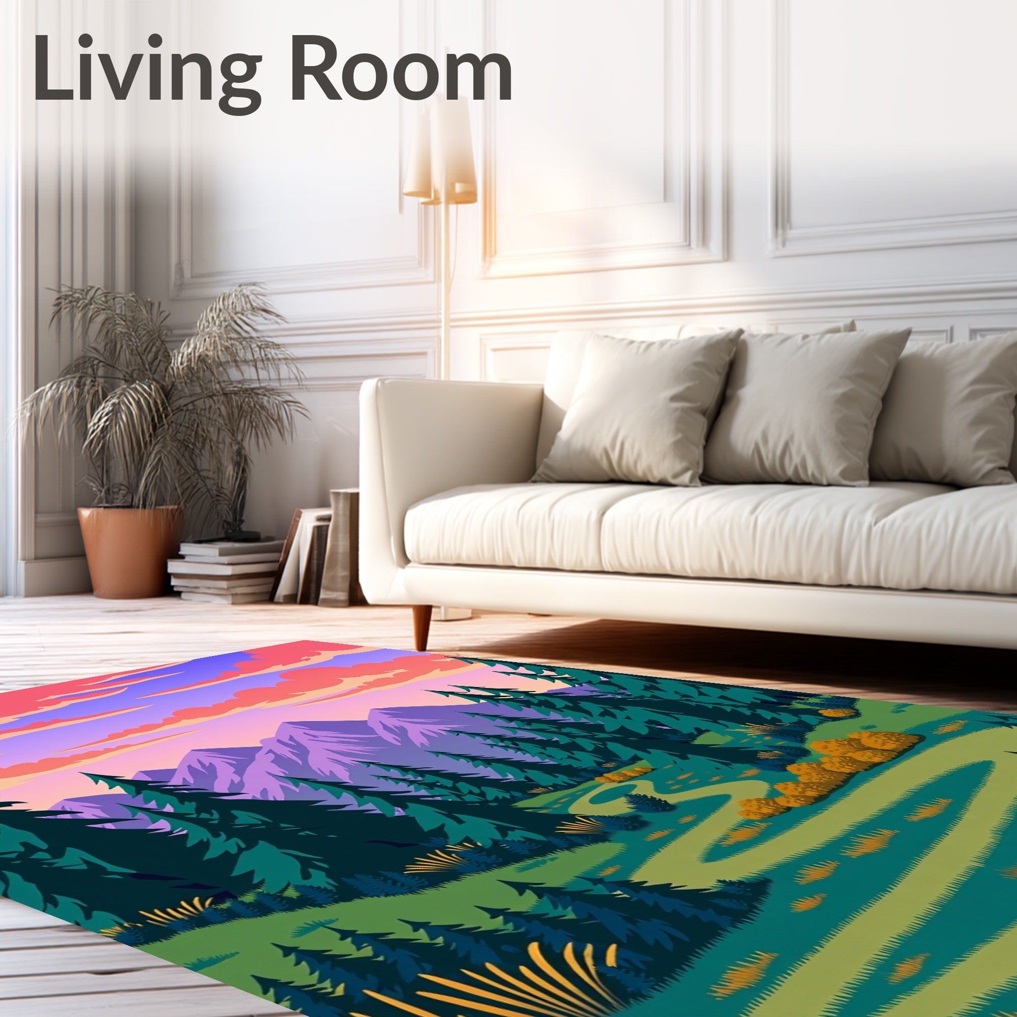 Vibrant Forest Mountains Sunset Landscape Rug