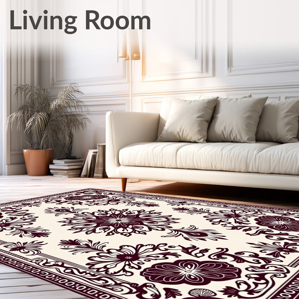 Burgundy Floral Medallion On Cream Rug