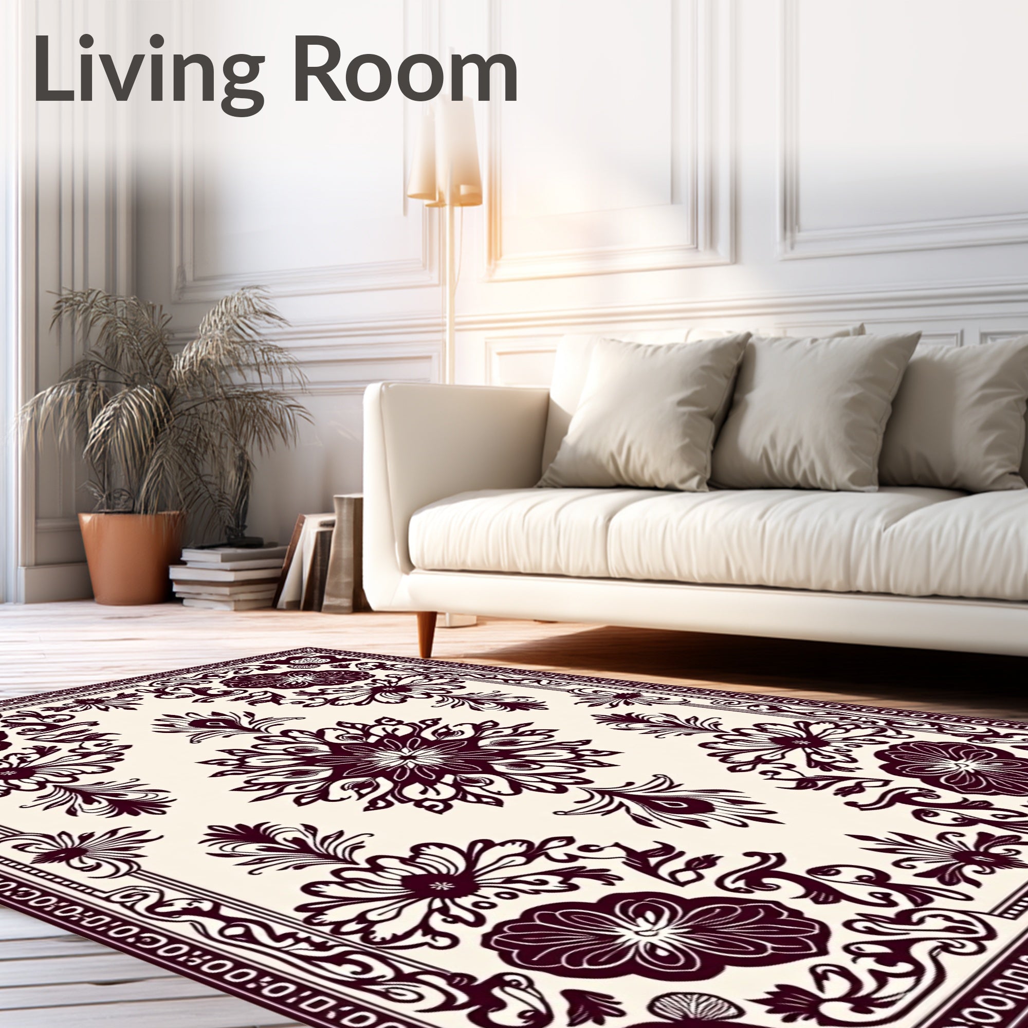 Burgundy Floral Medallion On Cream Rug