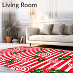 Red White Swirls Holly Christmas Stripes Rug